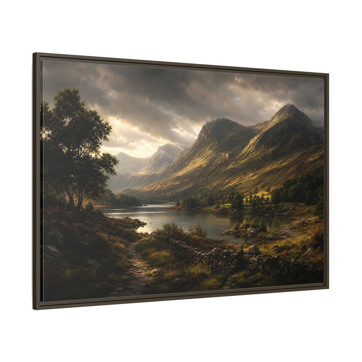 Side Mockup 8. Highland Lake At Dusk shown as framed canvas print