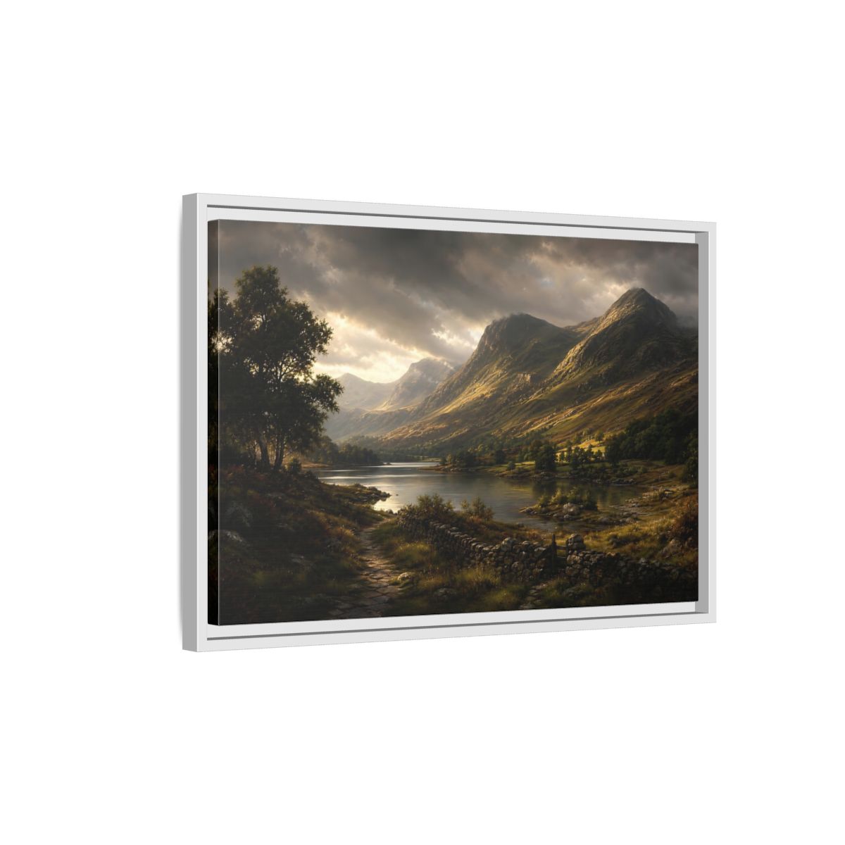 Side Mockup 1. Highland Lake At Dusk shown as framed canvas print