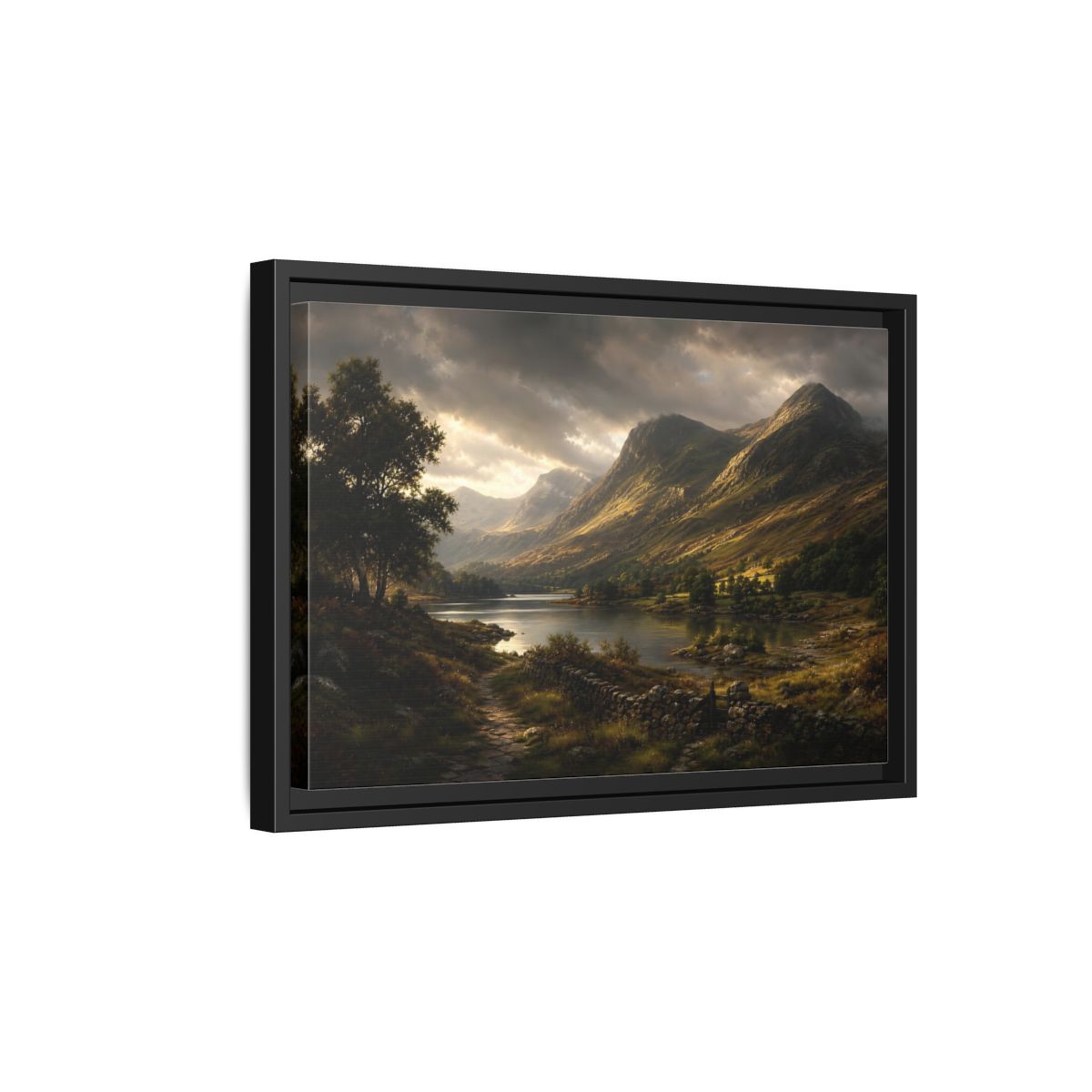 Side Mockup 6. Highland Lake At Dusk shown as framed canvas print