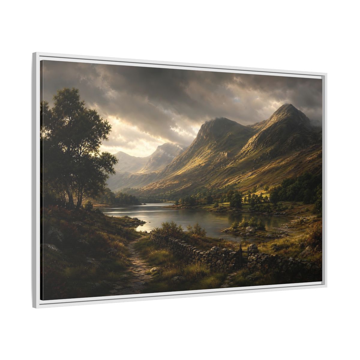 Side Mockup 7. Highland Lake At Dusk shown as framed canvas print
