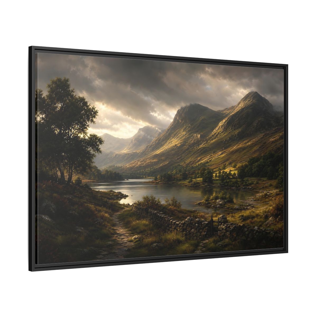 Side Mockup 12. Highland Lake At Dusk shown as framed canvas print