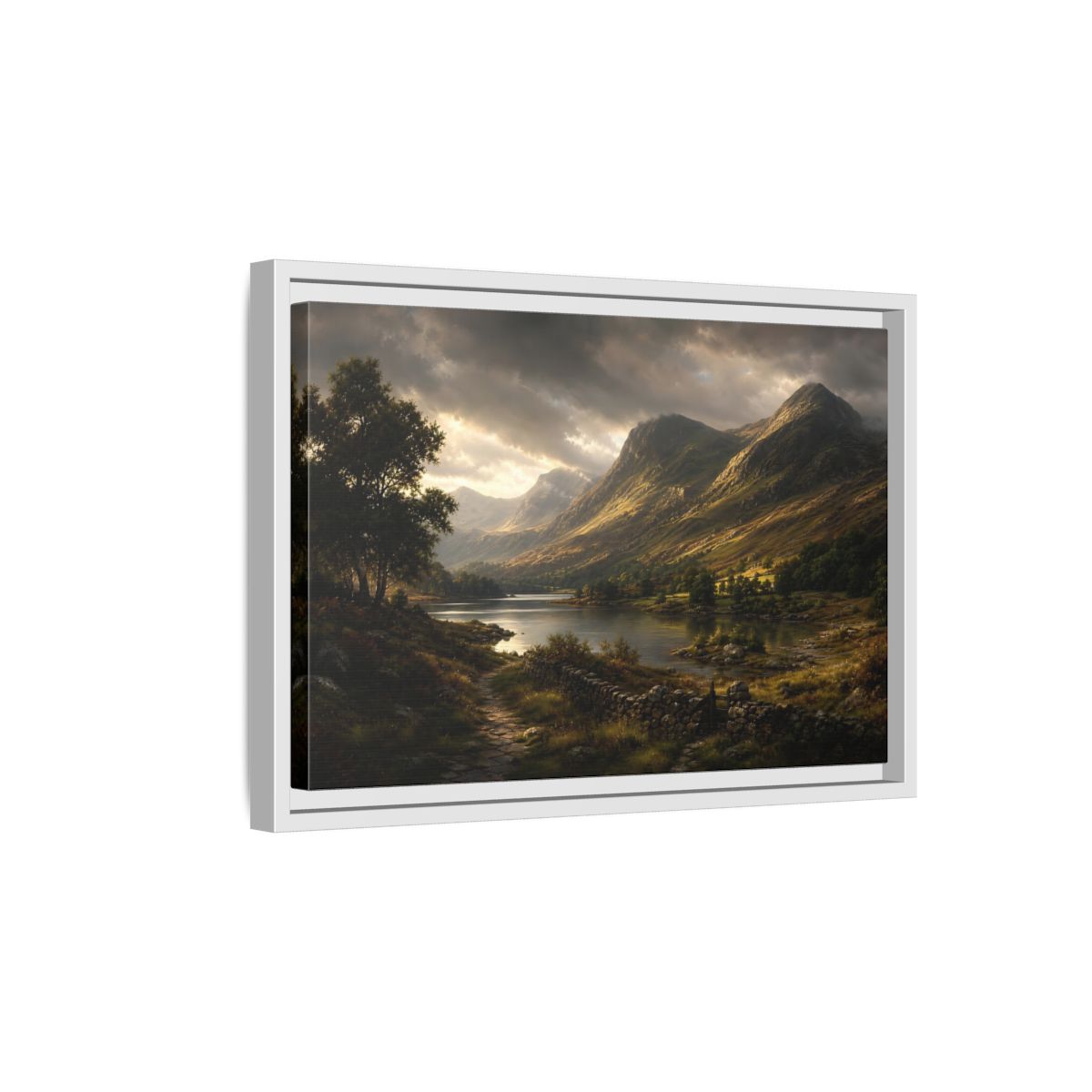 Side Mockup 4. Highland Lake At Dusk shown as framed canvas print