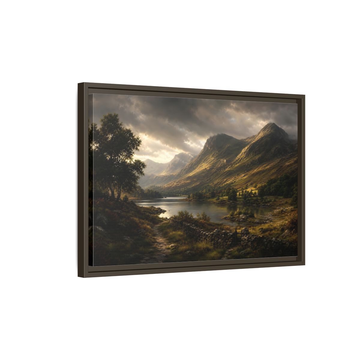 Side Mockup 2. Highland Lake At Dusk shown as framed canvas print