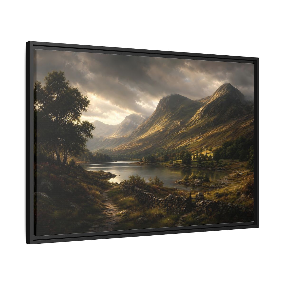 Side Mockup 13. Highland Lake At Dusk shown as framed canvas print