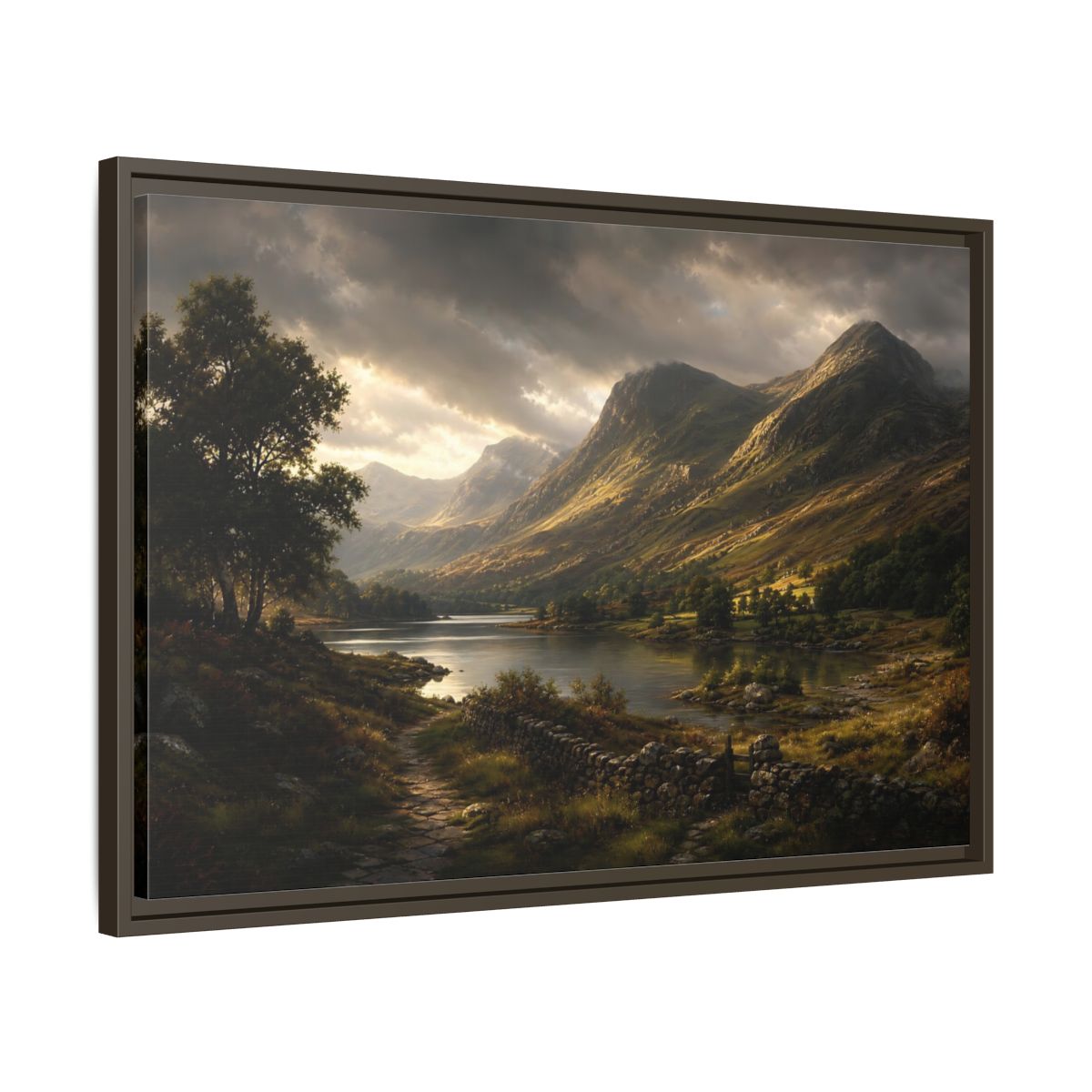 Side Mockup 11. Highland Lake At Dusk shown as framed canvas print