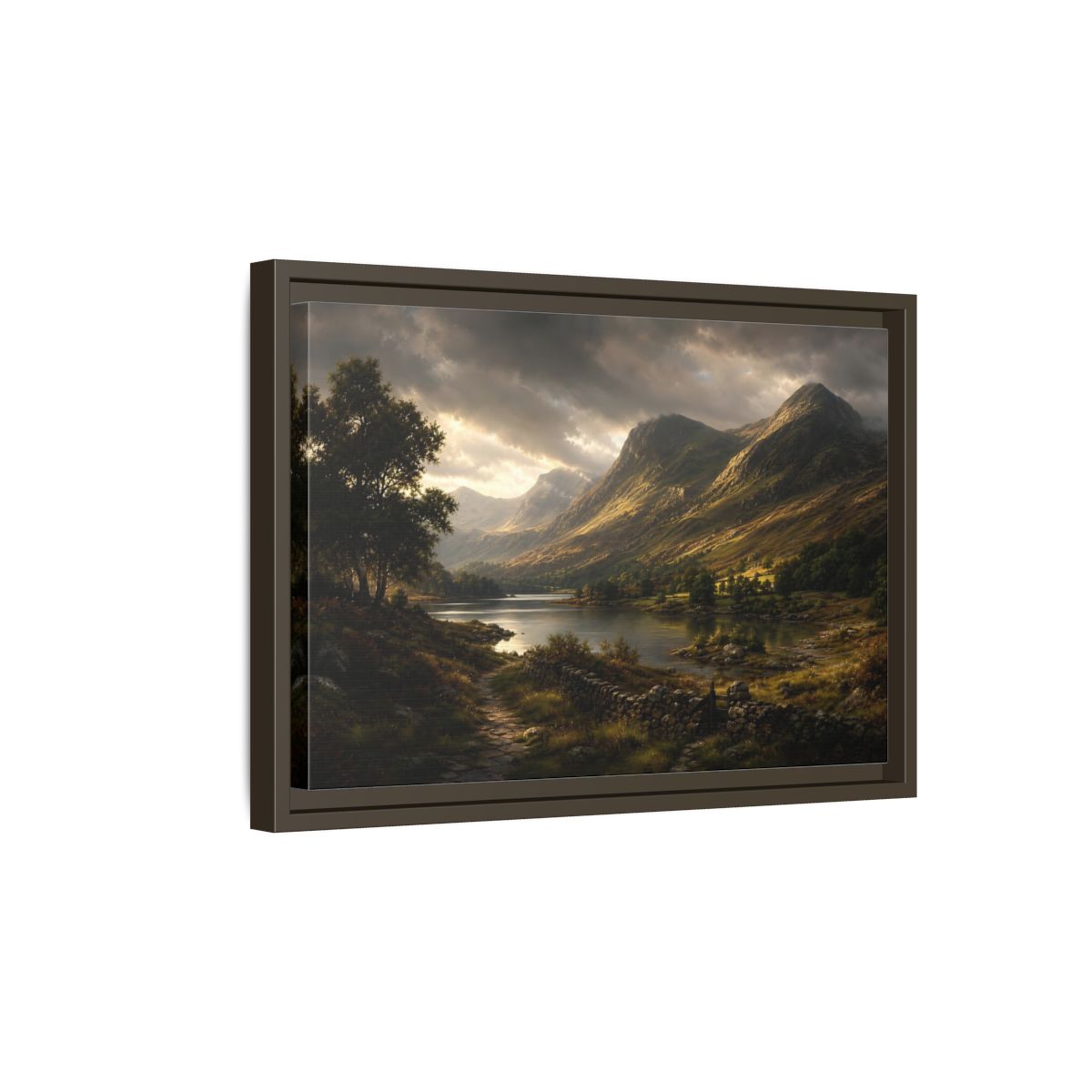 Side Mockup 5. Highland Lake At Dusk shown as framed canvas print