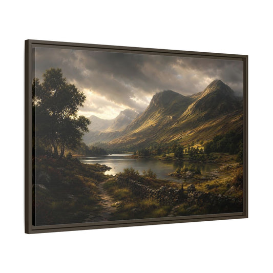 Main Mockup. Highland Lake At Dusk shown as framed canvas print