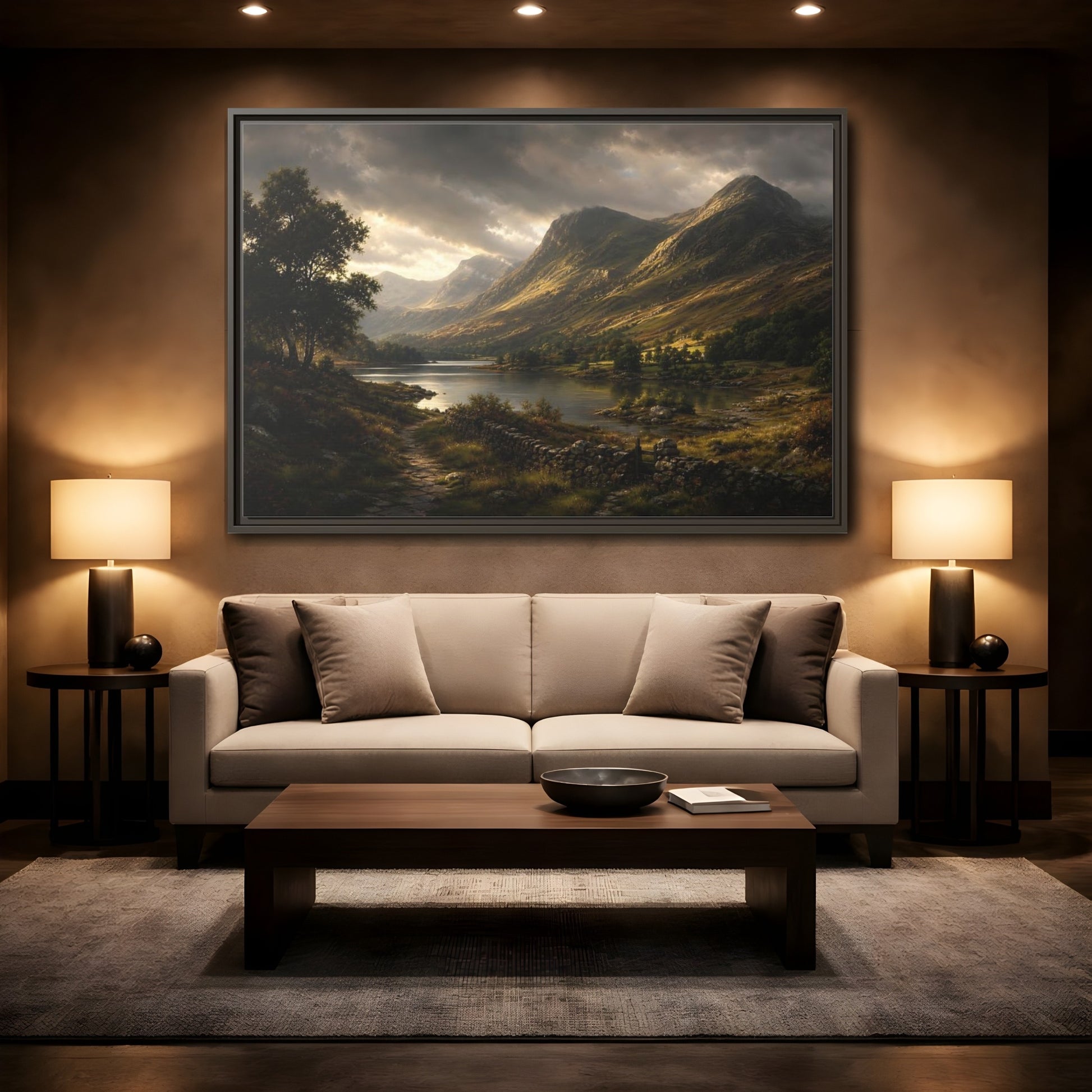 Mockup 2. Highland Lake At Dusk shown as framed canvas print