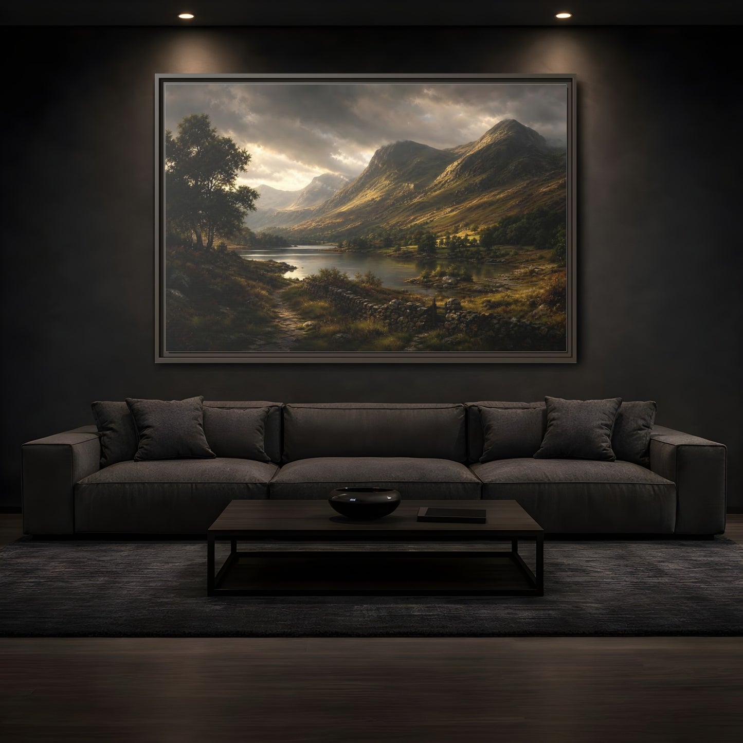 Mockup 3. Highland Lake At Dusk shown as framed canvas print