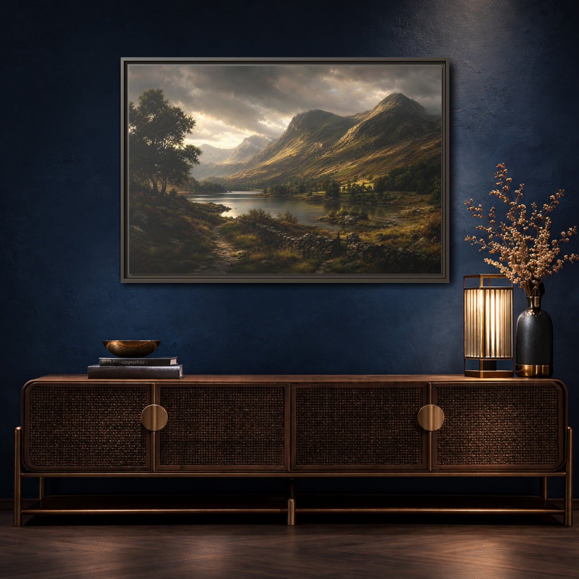 Mockup 4. Highland Lake At Dusk shown as framed canvas print