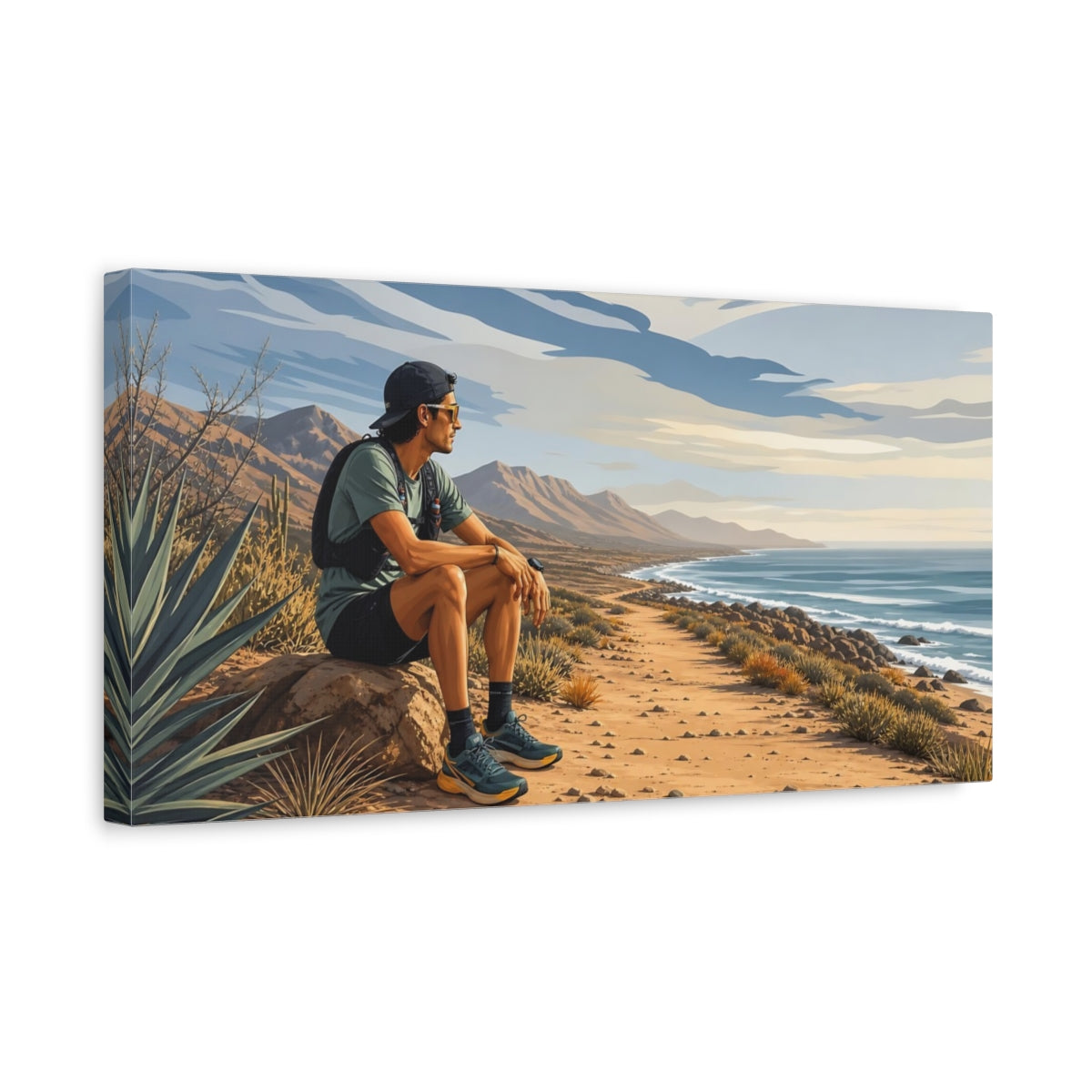 Side Mockup 3. Hiker On Coastal Trail shown as canvas print