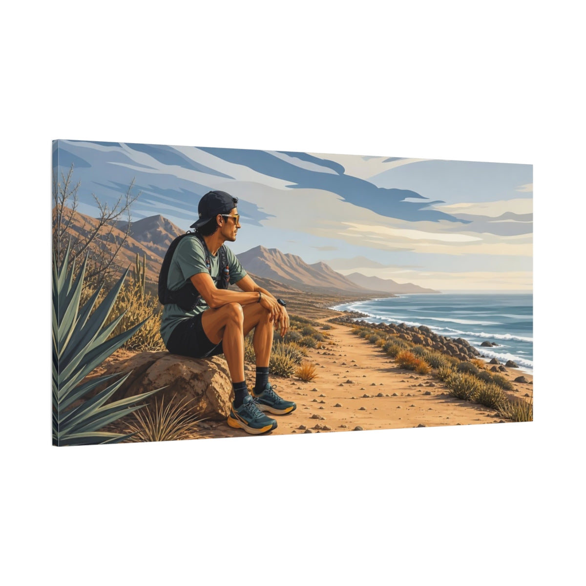 Side Mockup 2. Hiker On Coastal Trail shown as canvas print