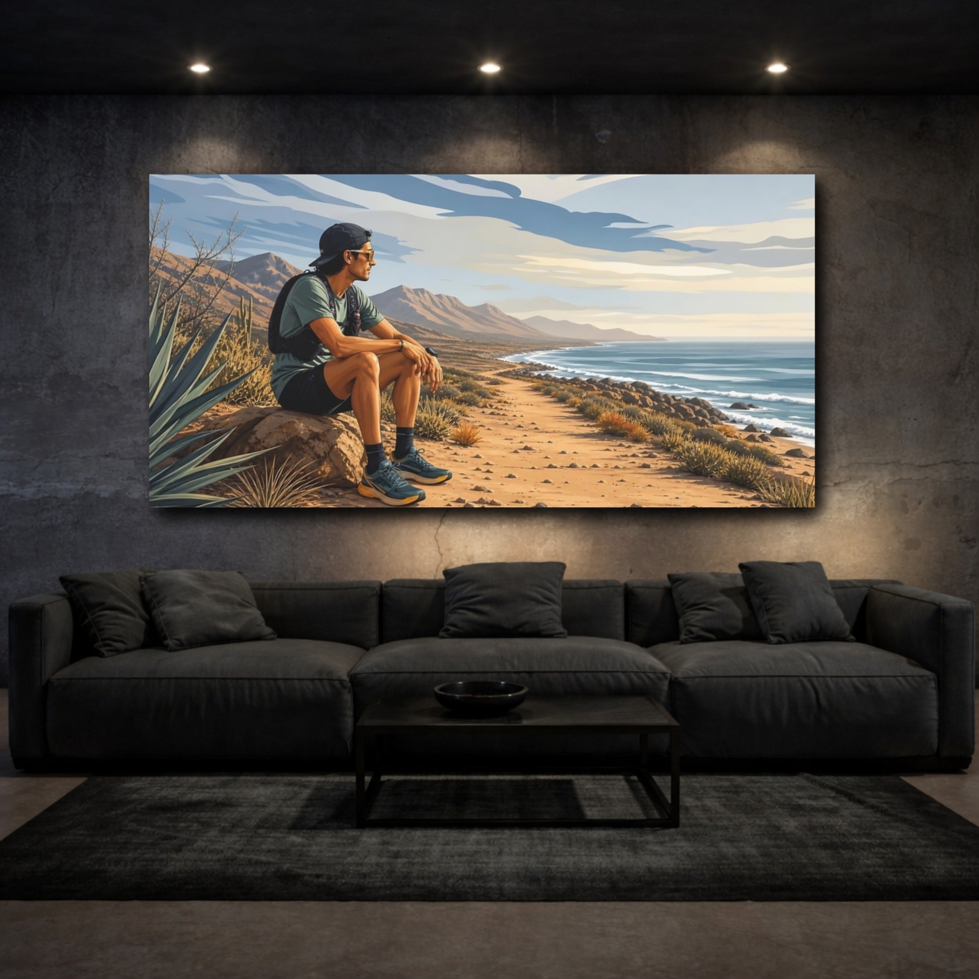 Mockup 3. Hiker On Coastal Trail shown as canvas print