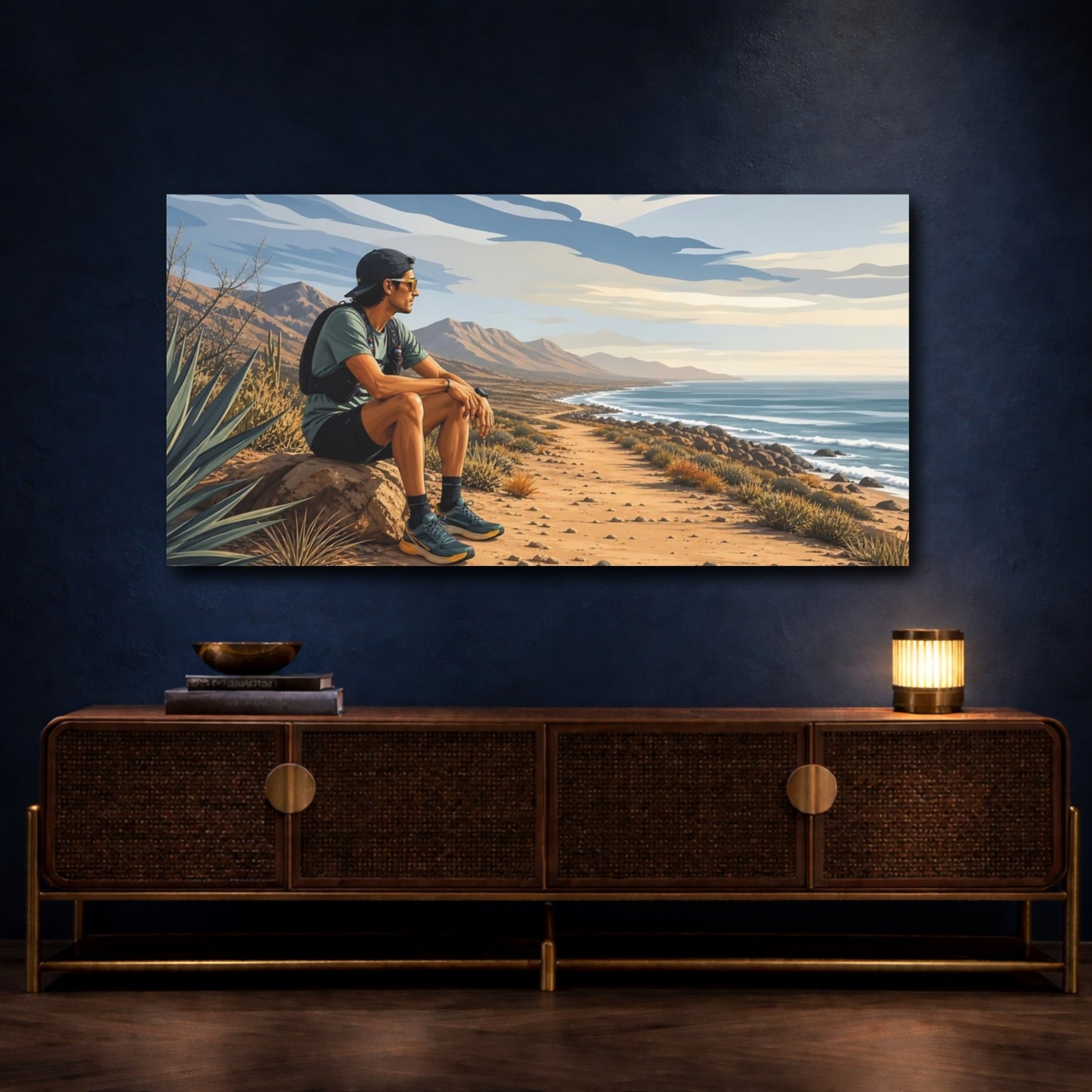Mockup 4. Hiker On Coastal Trail shown as canvas print