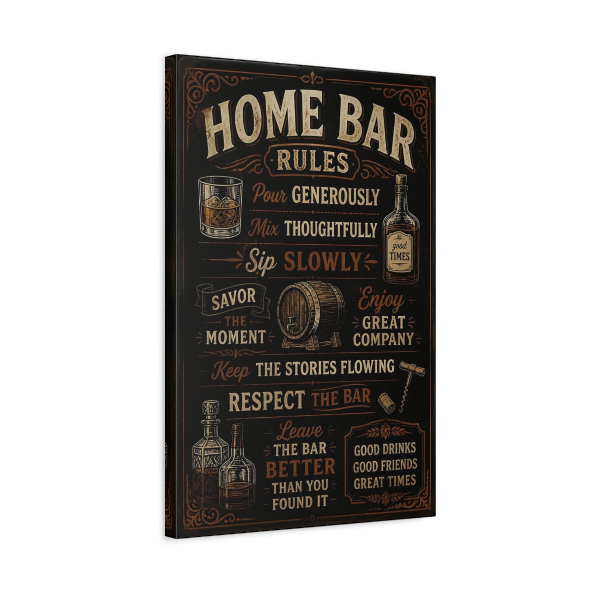 Side Mockup 3. Home Bar Rules Quote shown as canvas print