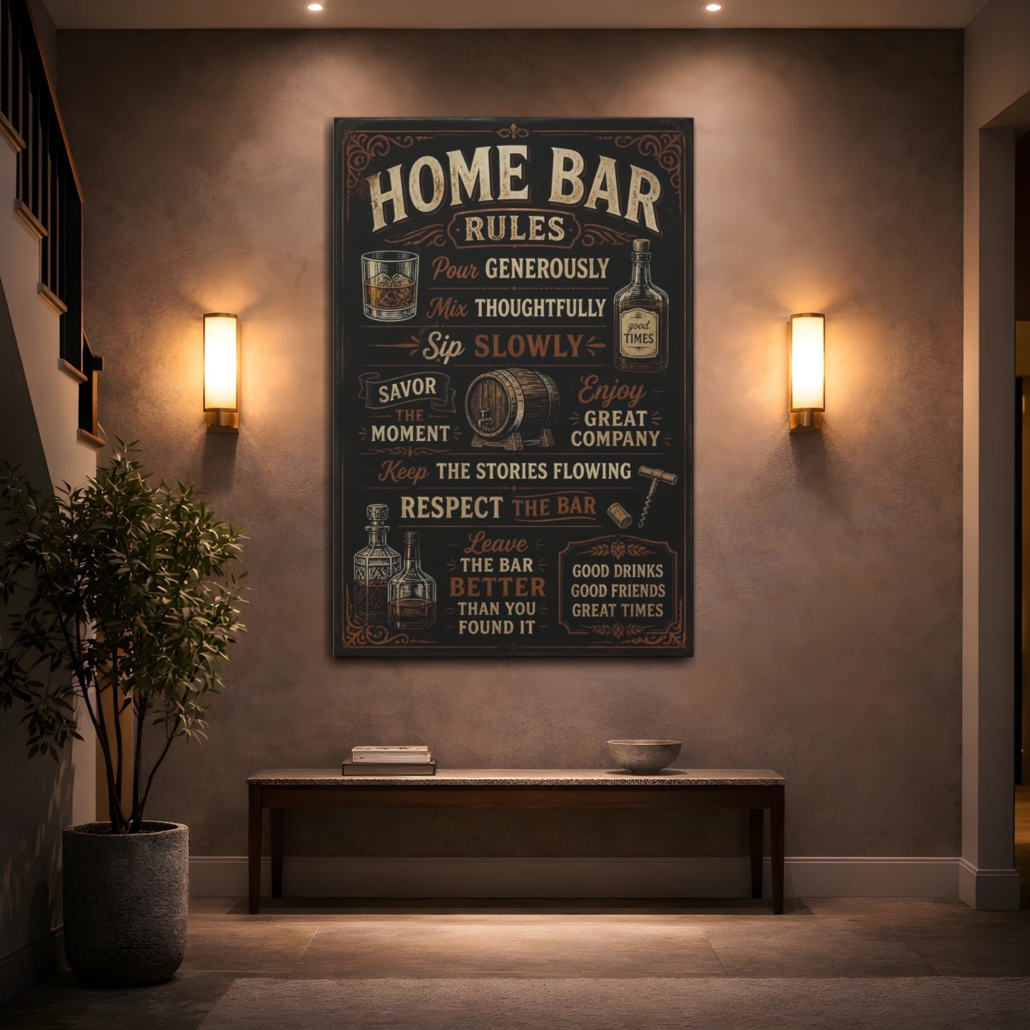 Mockup 2. Home Bar Rules Quote shown as canvas print