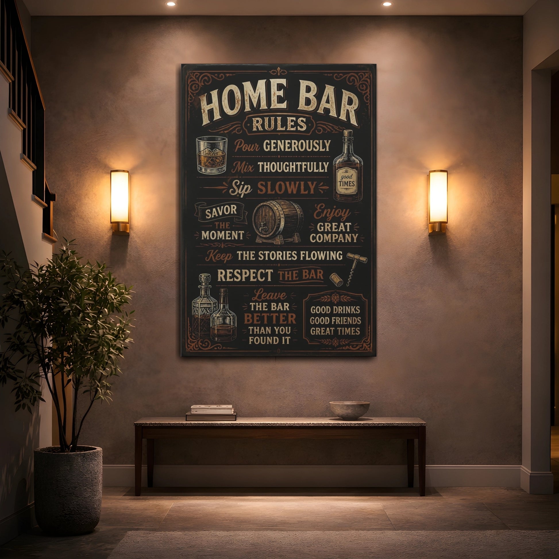Mockup 2. Home Bar Rules Quote shown as canvas print