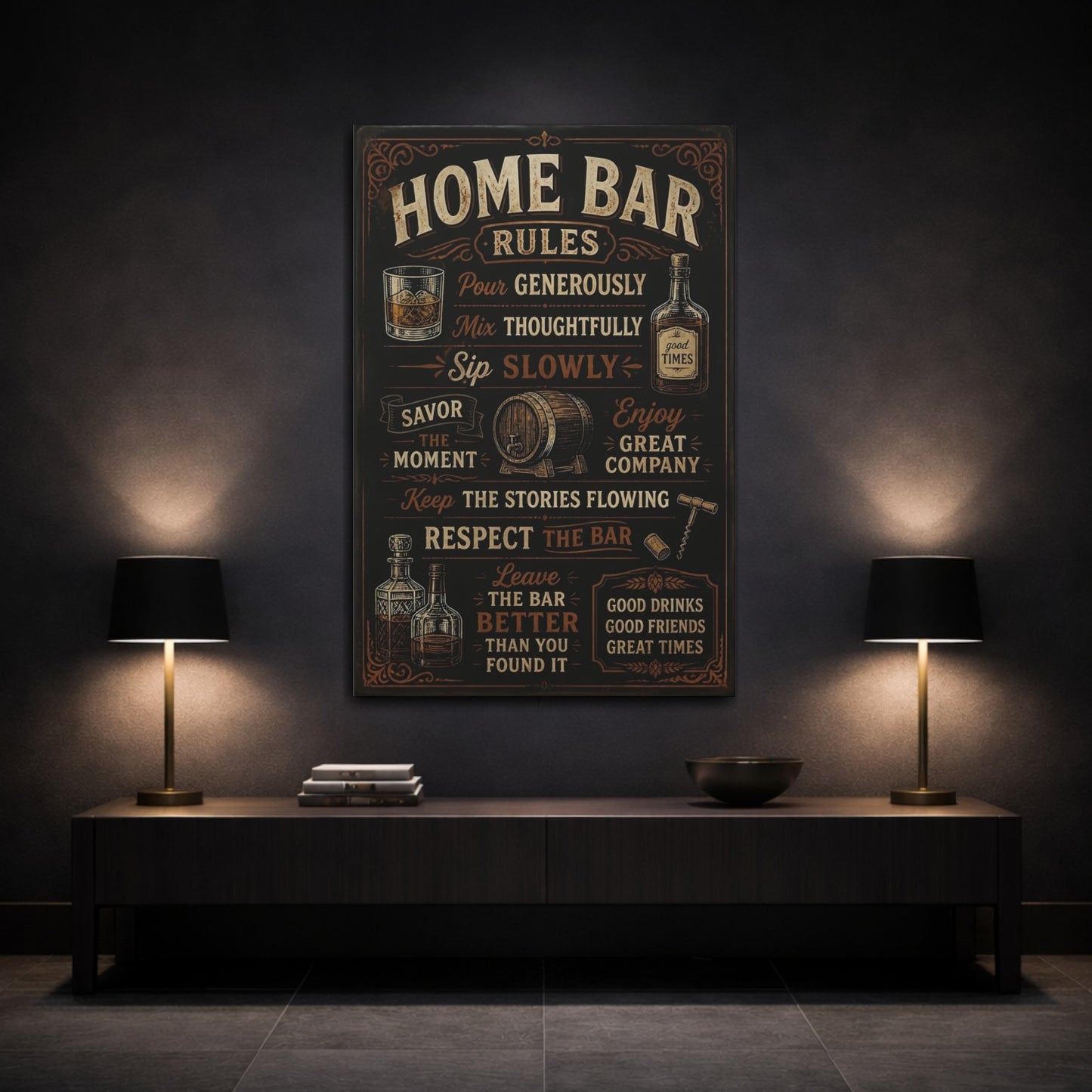 Mockup 3. Home Bar Rules Quote shown as canvas print