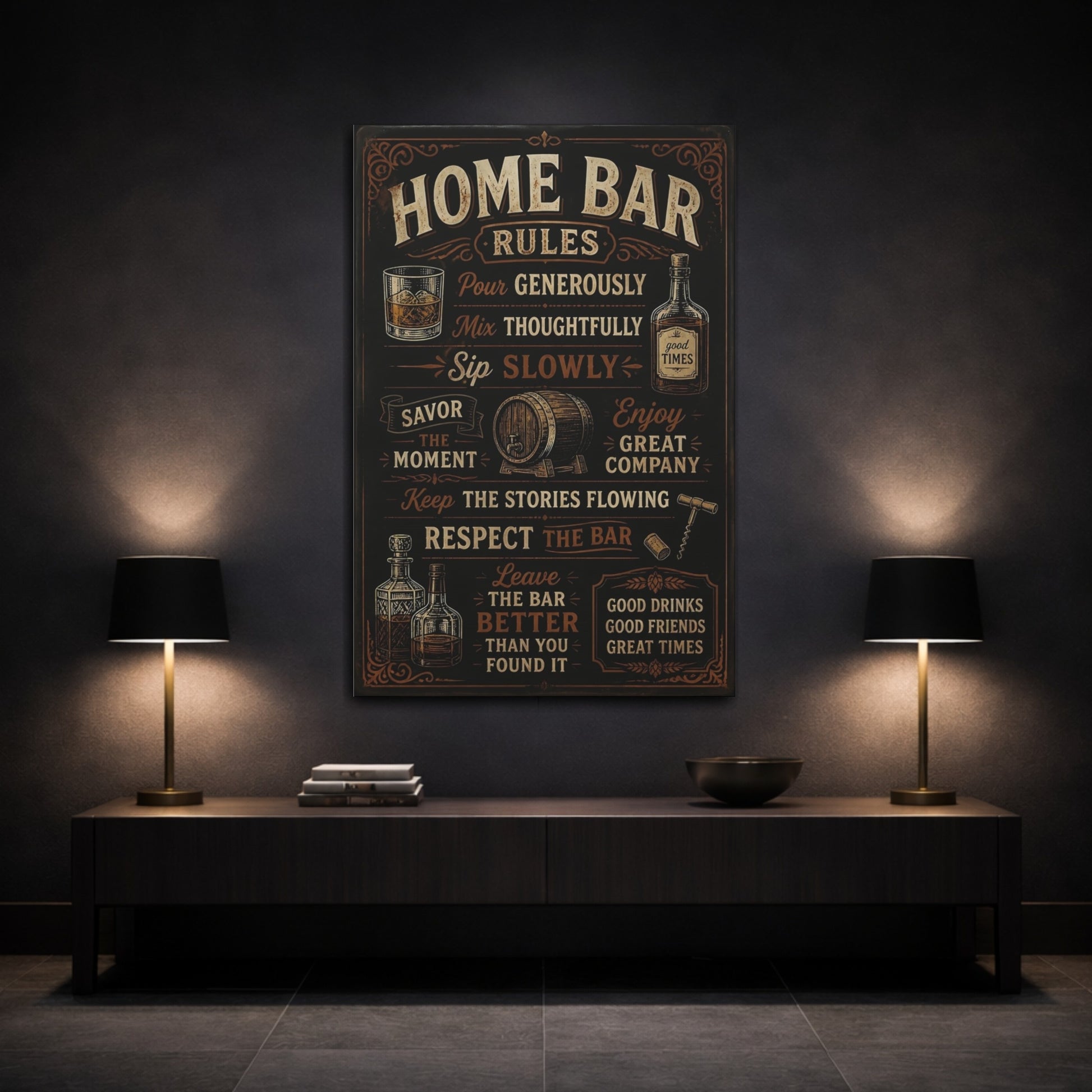 Mockup 3. Home Bar Rules Quote shown as canvas print