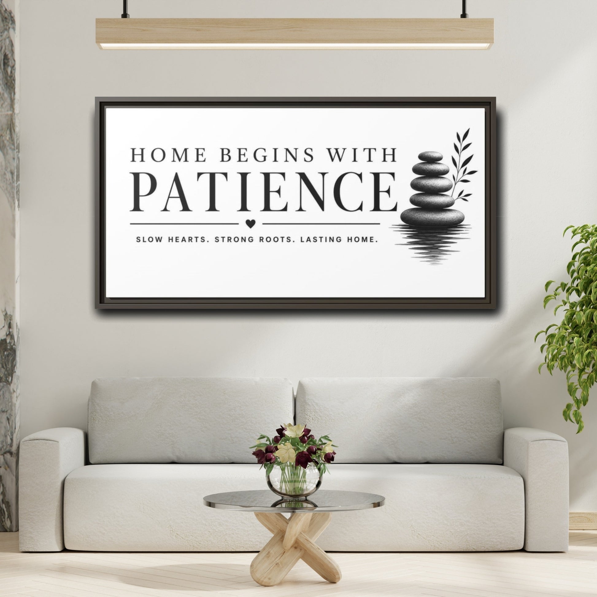 Mockup 2. Home Begins With Patience shown as framed canvas print