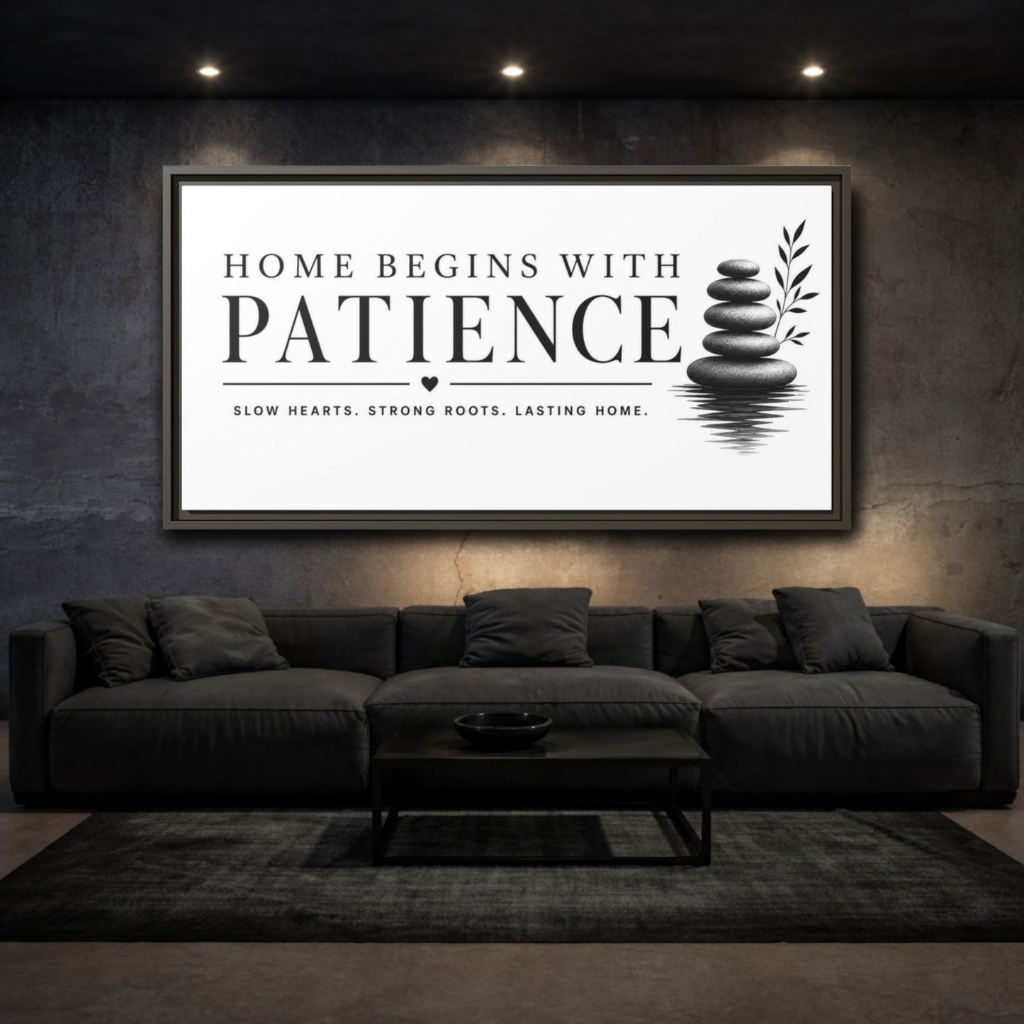 Mockup 3. Home Begins With Patience shown as framed canvas print