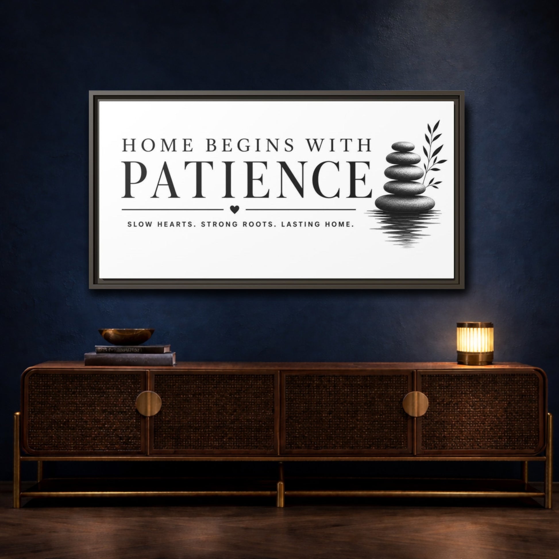 Mockup 4. Home Begins With Patience shown as framed canvas print