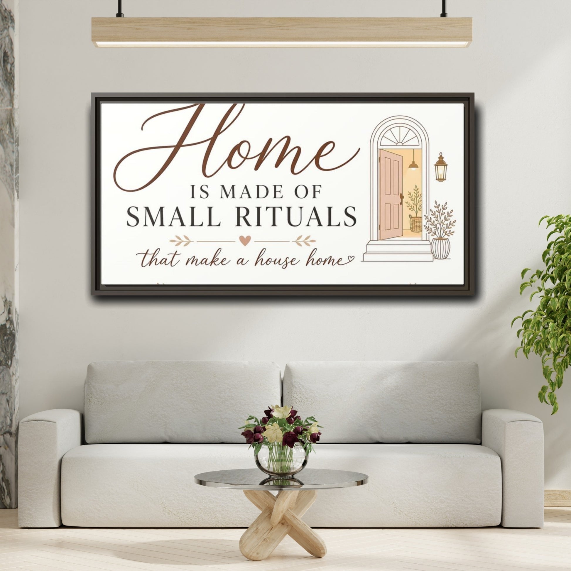 Mockup 2. Home Is Made Of Small Rituals shown as framed canvas print