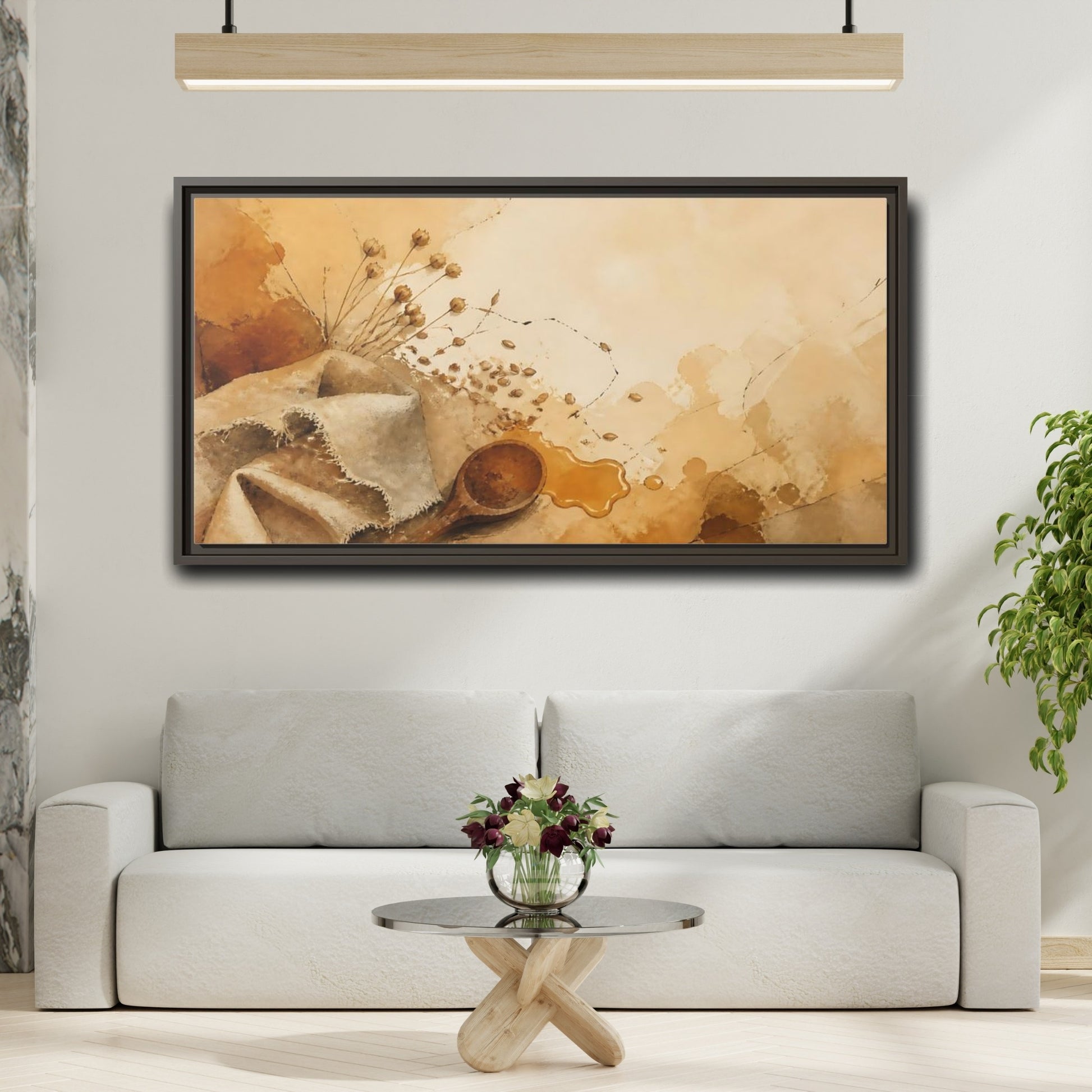 Mockup 2. Honeyed Spoon & Linen shown as framed canvas print