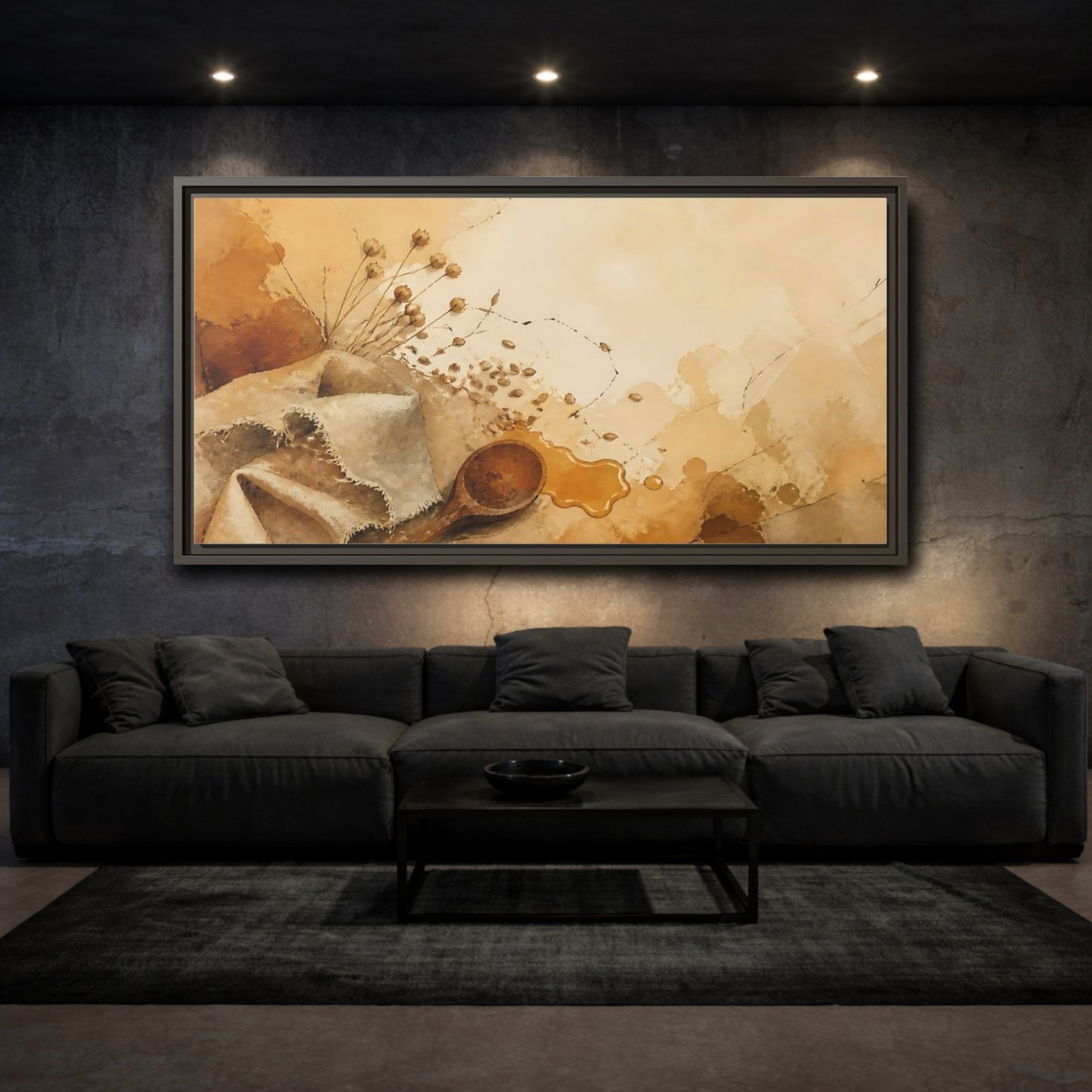 Mockup 3. Honeyed Spoon & Linen shown as framed canvas print