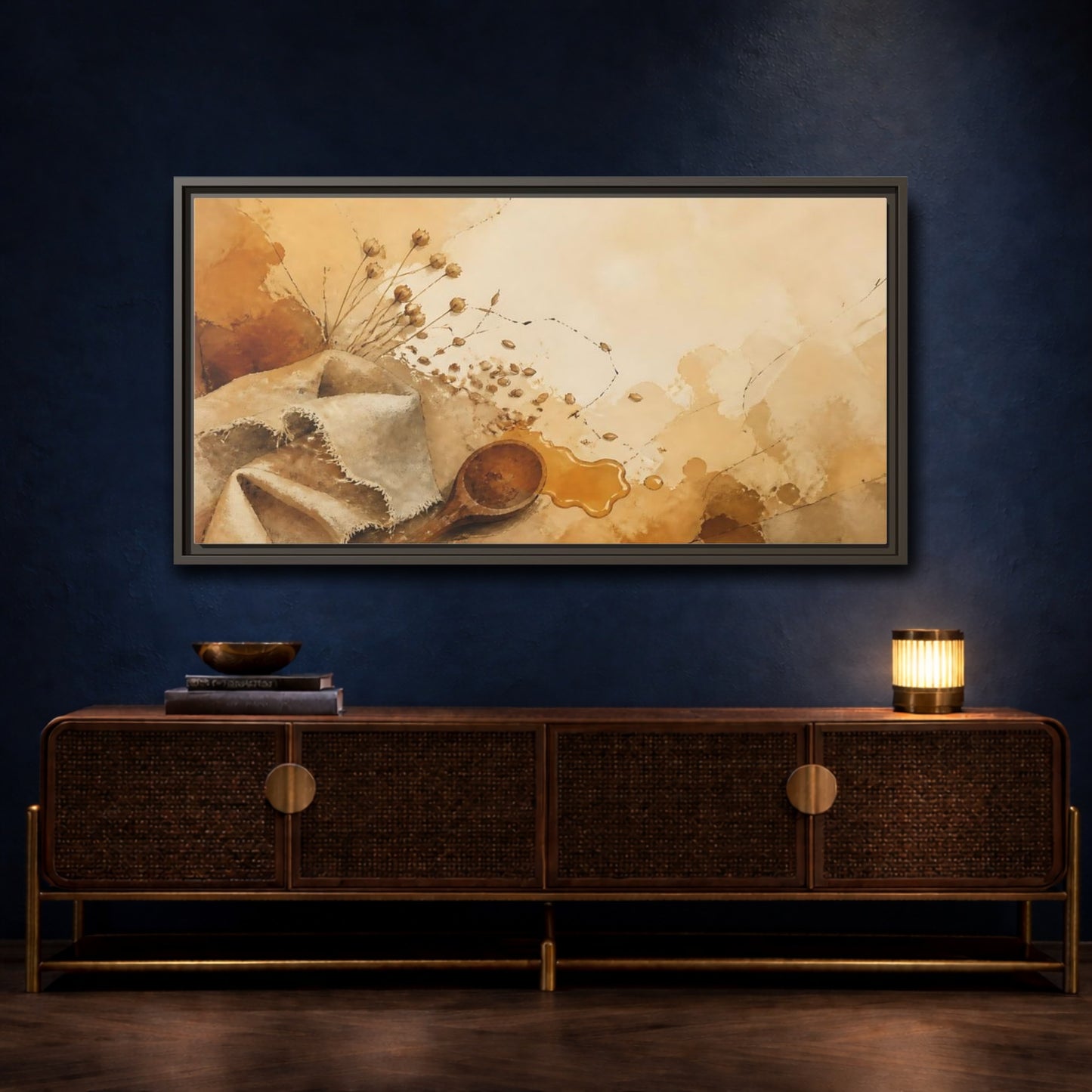Mockup 4. Honeyed Spoon & Linen shown as framed canvas print