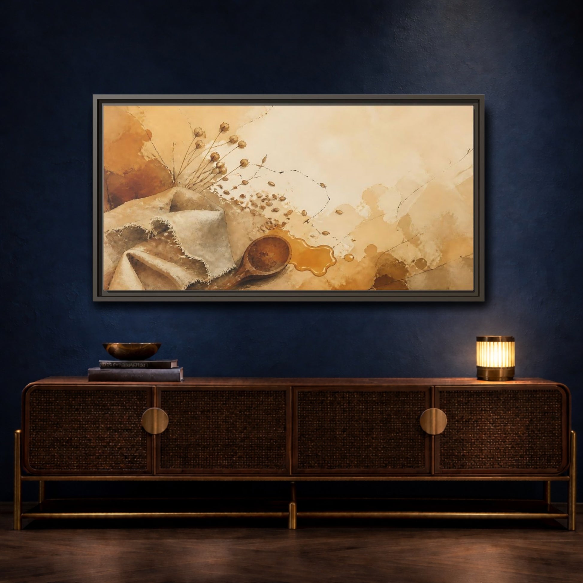 Mockup 4. Honeyed Spoon & Linen shown as framed canvas print
