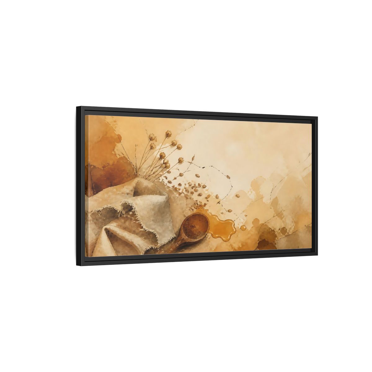 Side Mockup 2. Honeyed Spoon & Linen shown as framed canvas print