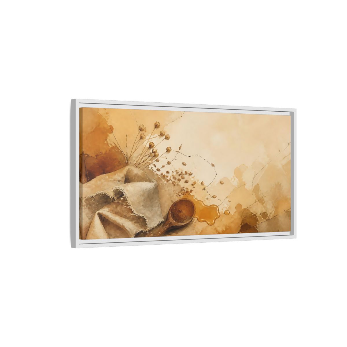 Side Mockup 1. Honeyed Spoon & Linen shown as framed canvas print