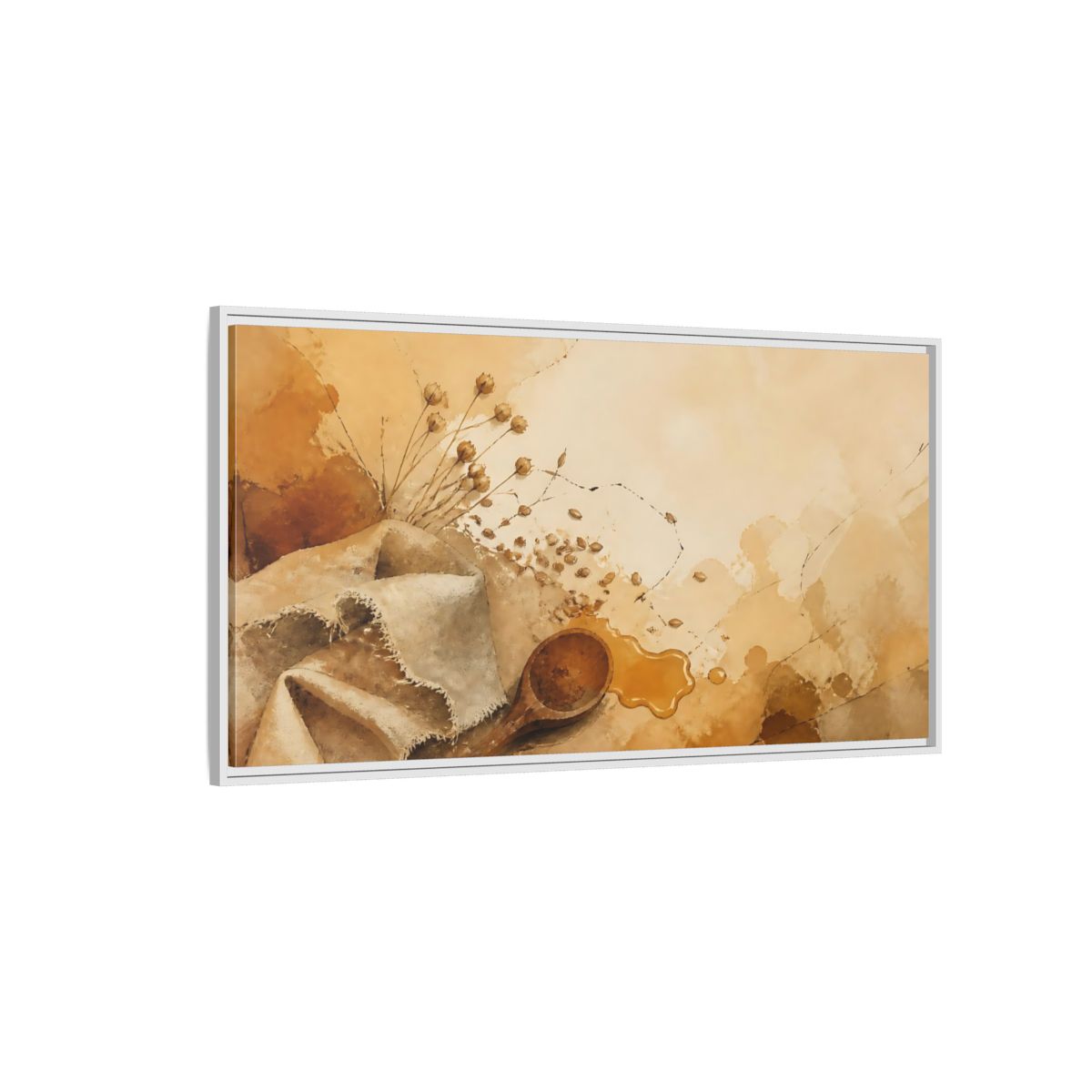Side Mockup 3. Honeyed Spoon & Linen shown as framed canvas print
