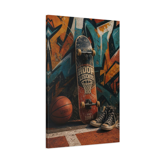 Main Mockup. Hoop Legends Skateboard shown as canvas print
