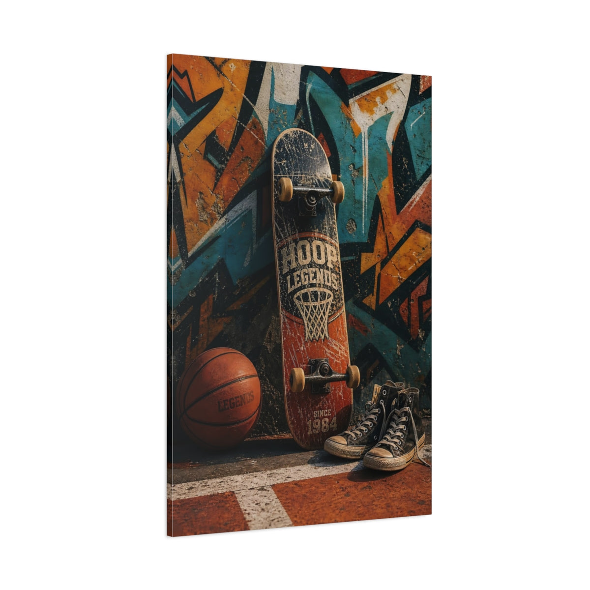Side Mockup 1. Hoop Legends Skateboard shown as canvas print
