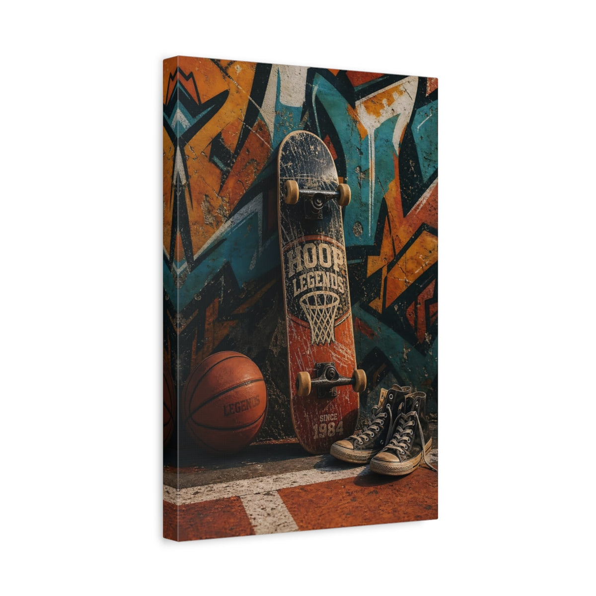 Side Mockup 4. Hoop Legends Skateboard shown as canvas print