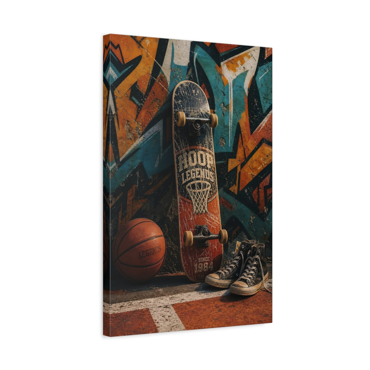Side Mockup 3. Hoop Legends Skateboard shown as canvas print