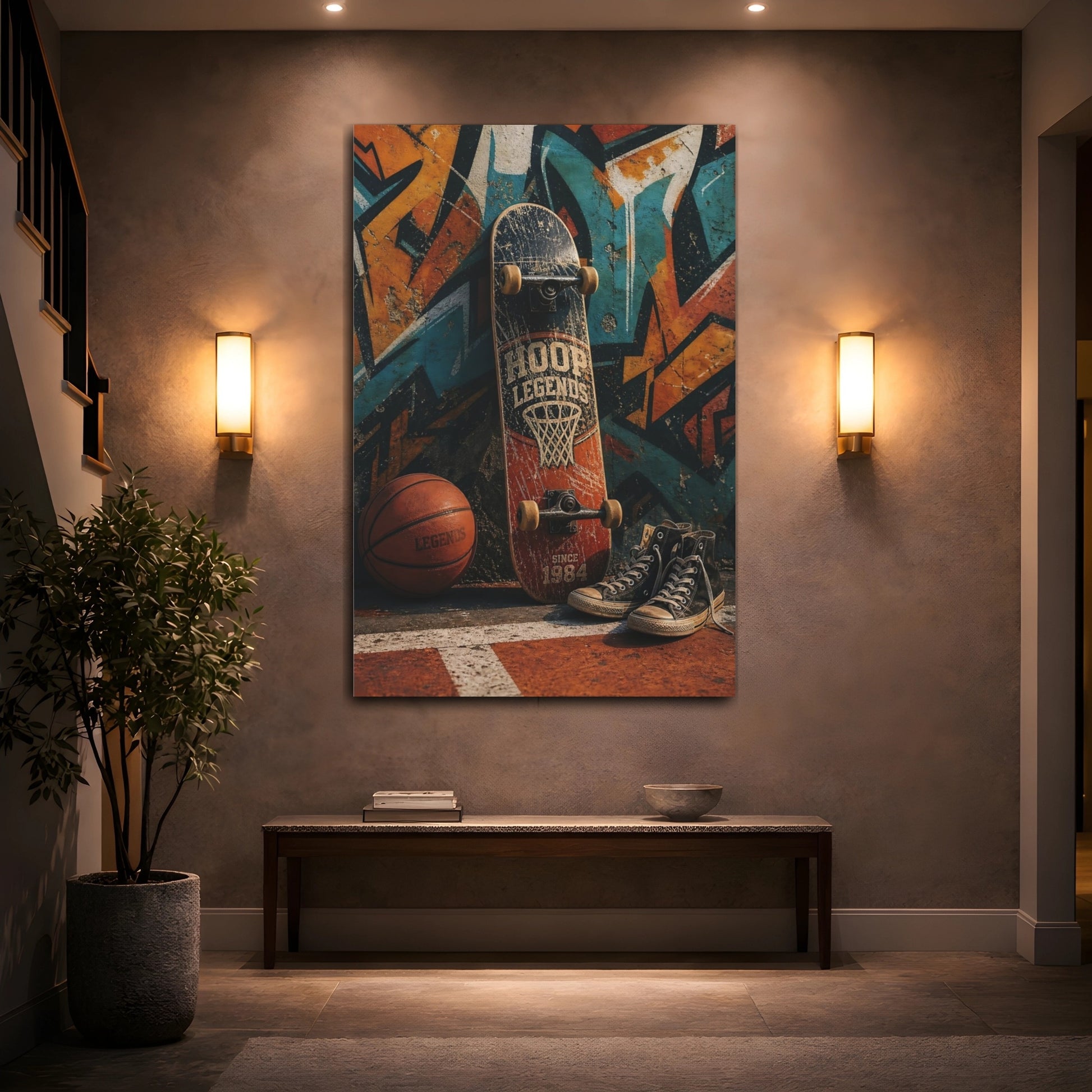Mockup 2. Hoop Legends Skateboard shown as canvas print