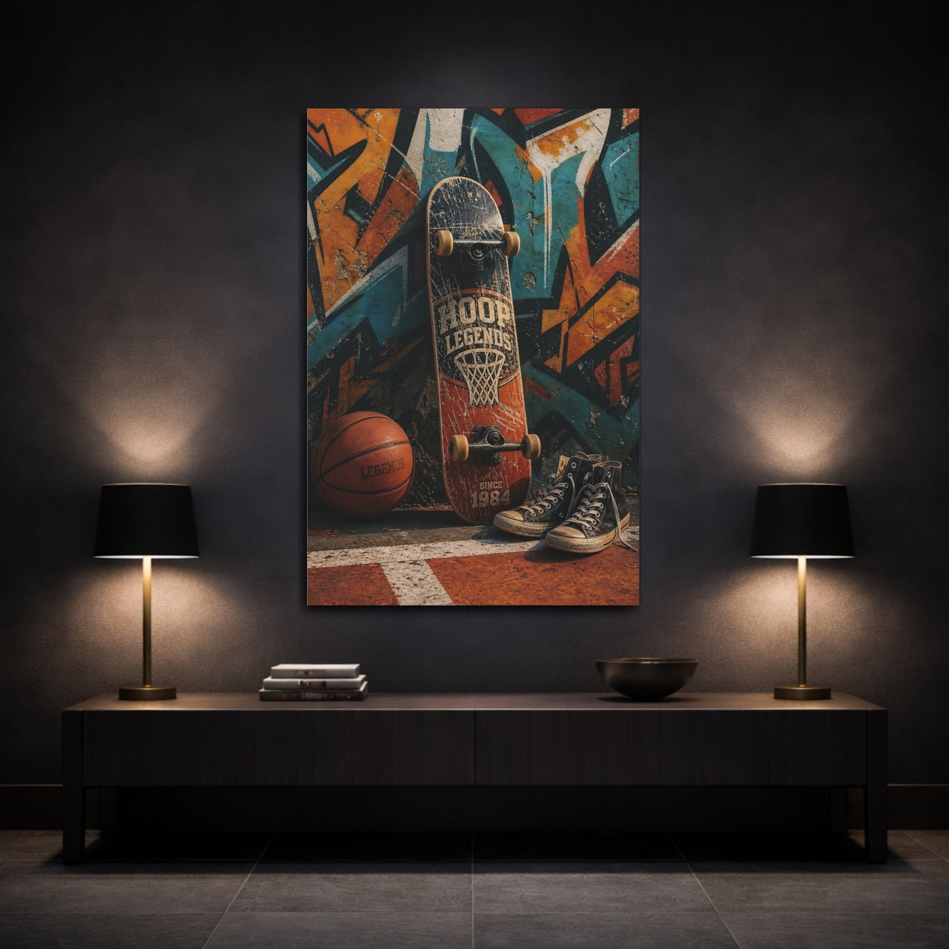 Mockup 3. Hoop Legends Skateboard shown as canvas print