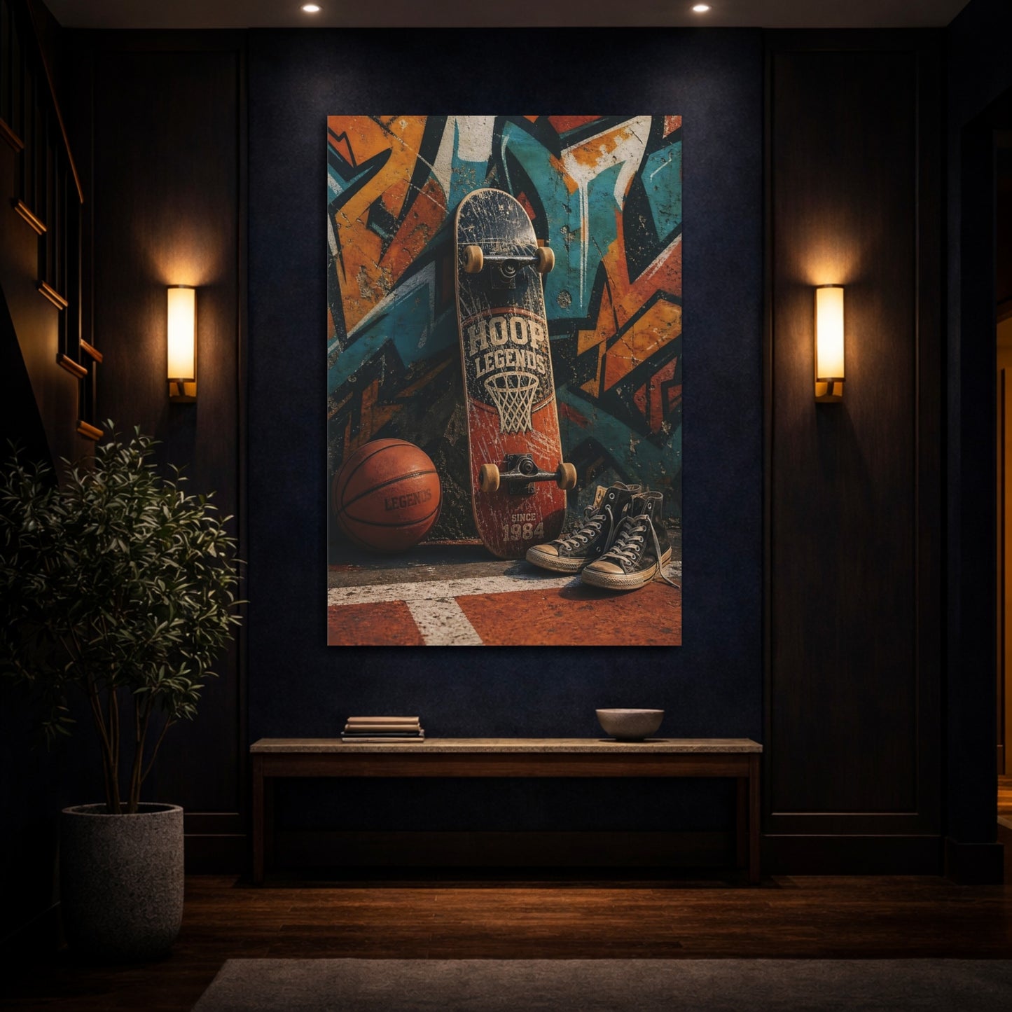 Mockup 4. Hoop Legends Skateboard shown as canvas print