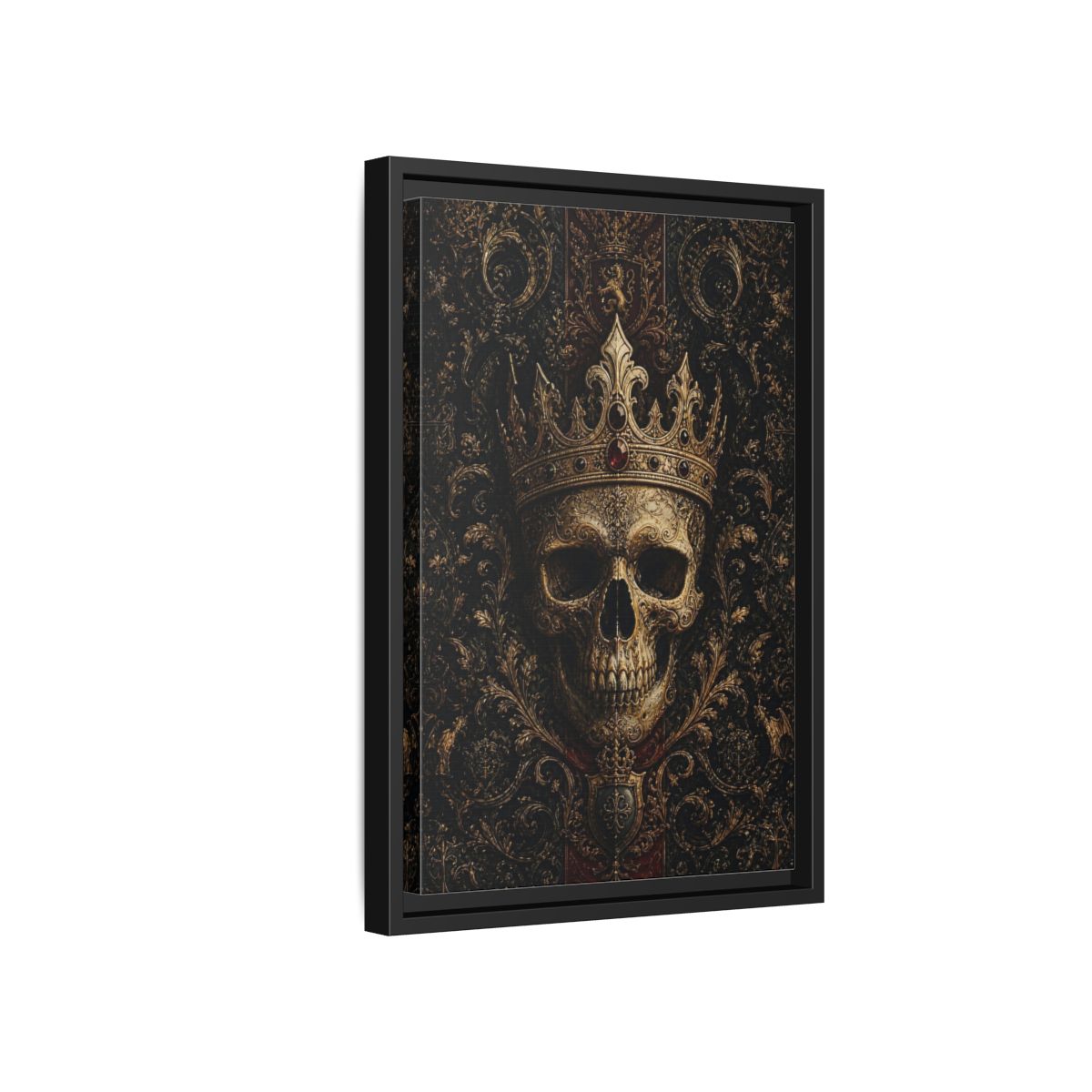 Side Mockup 6. Horror Crowned Skull Gold And Red shown as stretched canvas wall art