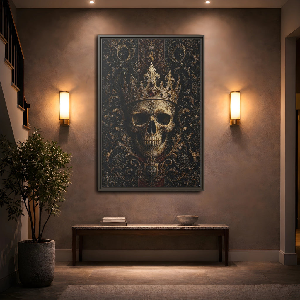 Mockup 2. Horror Crowned Skull Gold And Red shown as stretched canvas wall art