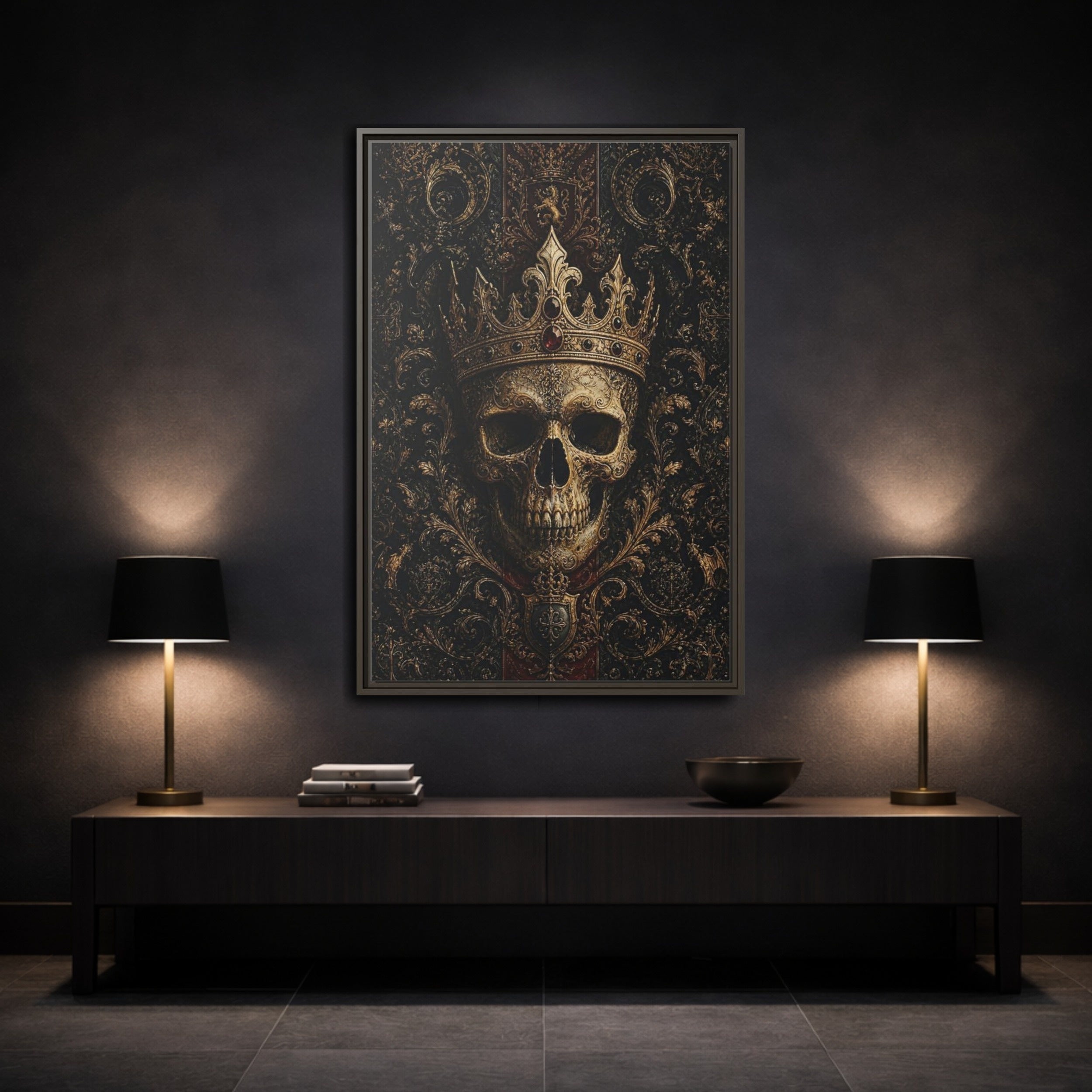 Mockup 3. Horror Crowned Skull Gold And Red shown as stretched canvas wall art