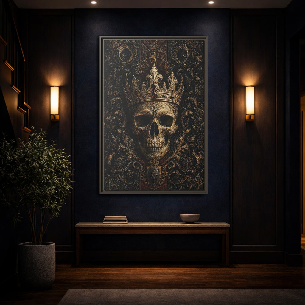 Mockup 4. Horror Crowned Skull Gold And Red shown as stretched canvas wall art