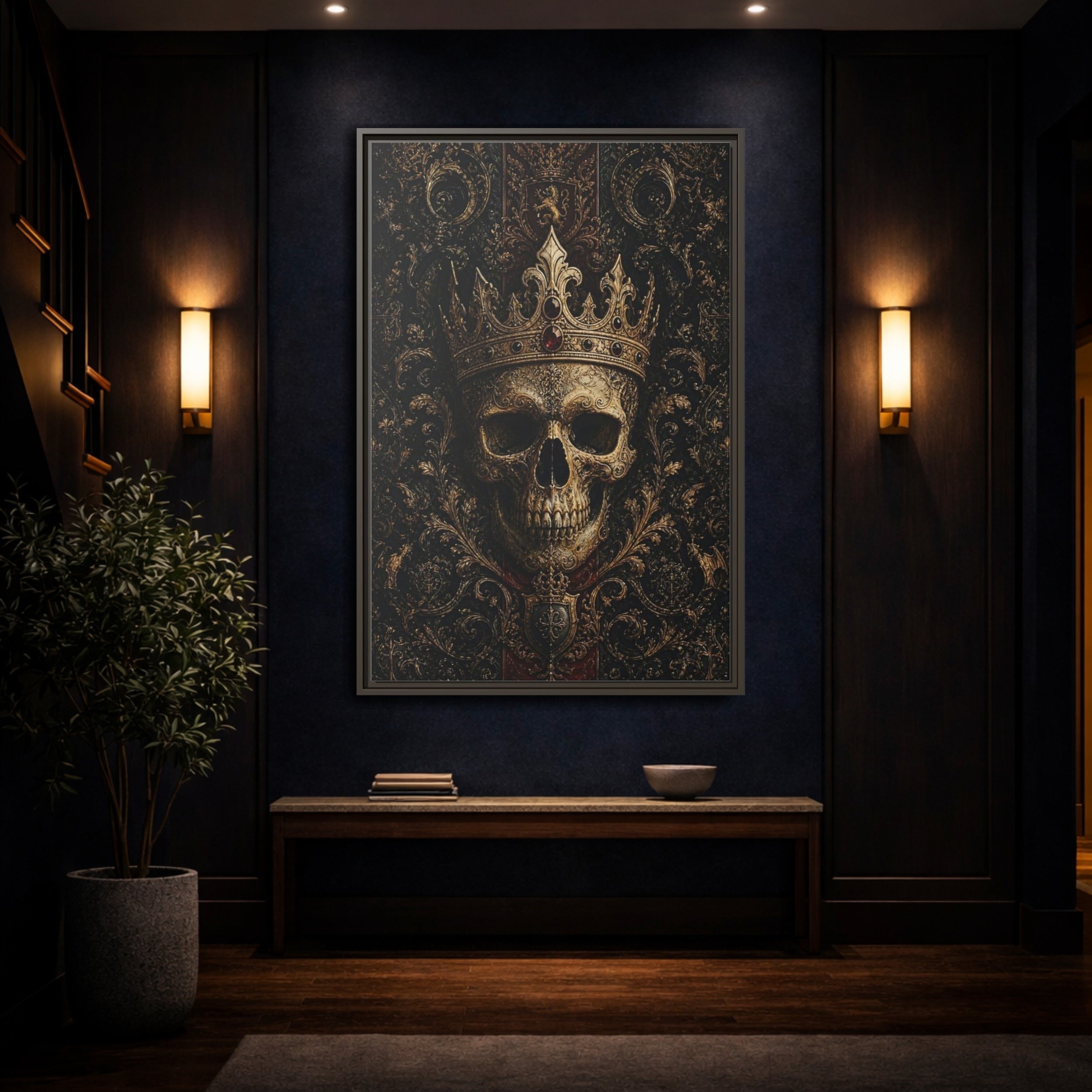 Mockup 4. Horror Crowned Skull Gold And Red shown as stretched canvas wall art
