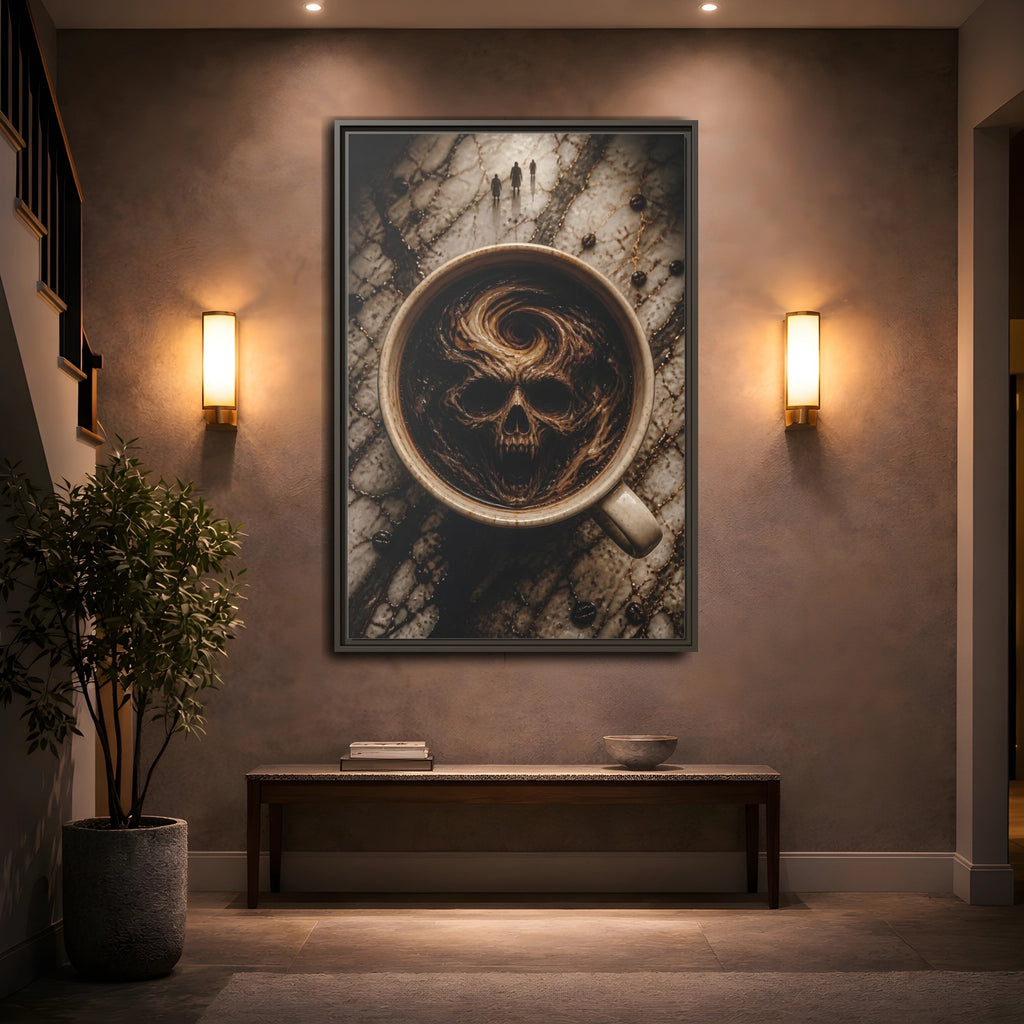 Mockup 2. Horror Demonic Skull Dark Skull Coffee shown as stretched canvas wall art