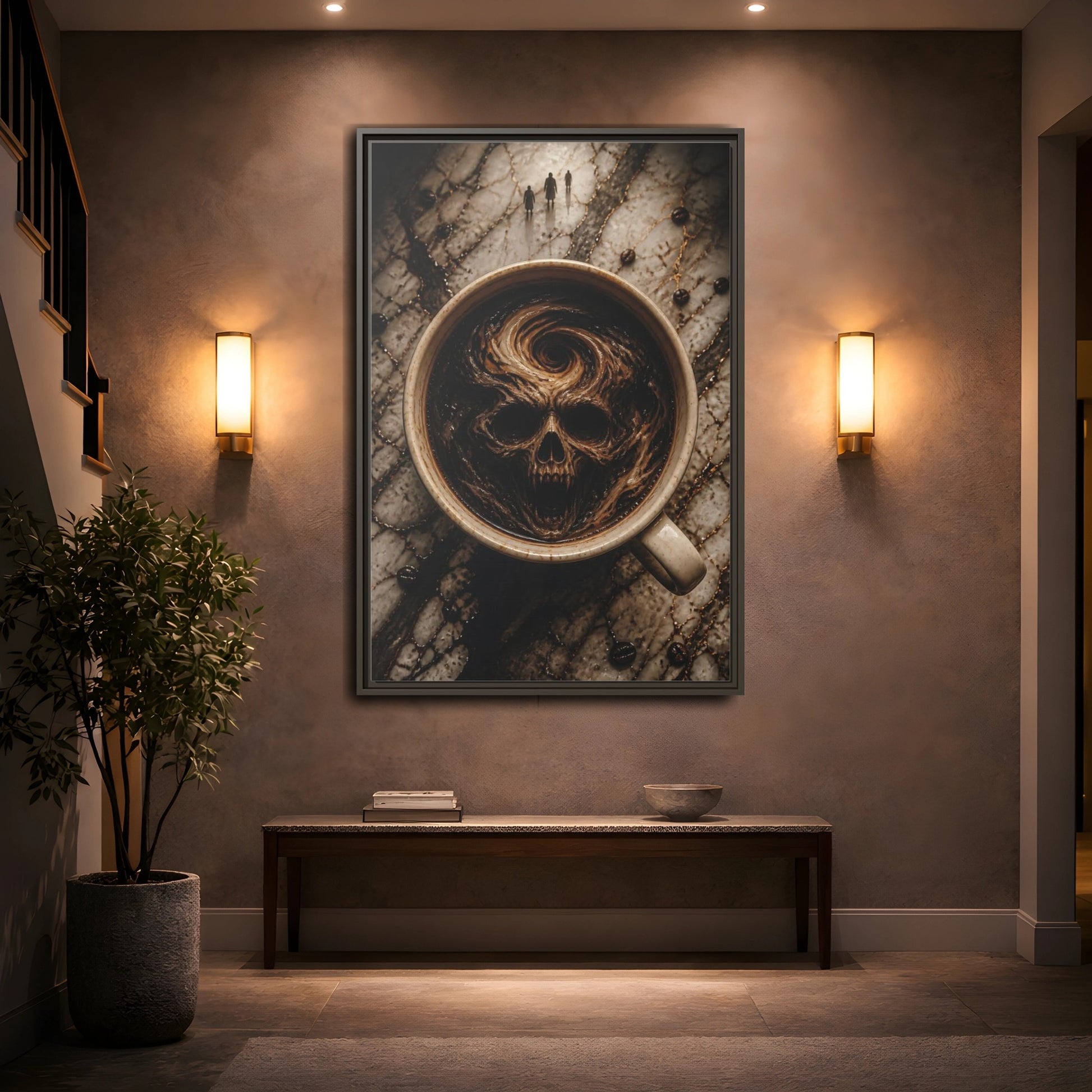 Mockup 2. Horror Demonic Skull Dark Skull Coffee shown as stretched canvas wall art