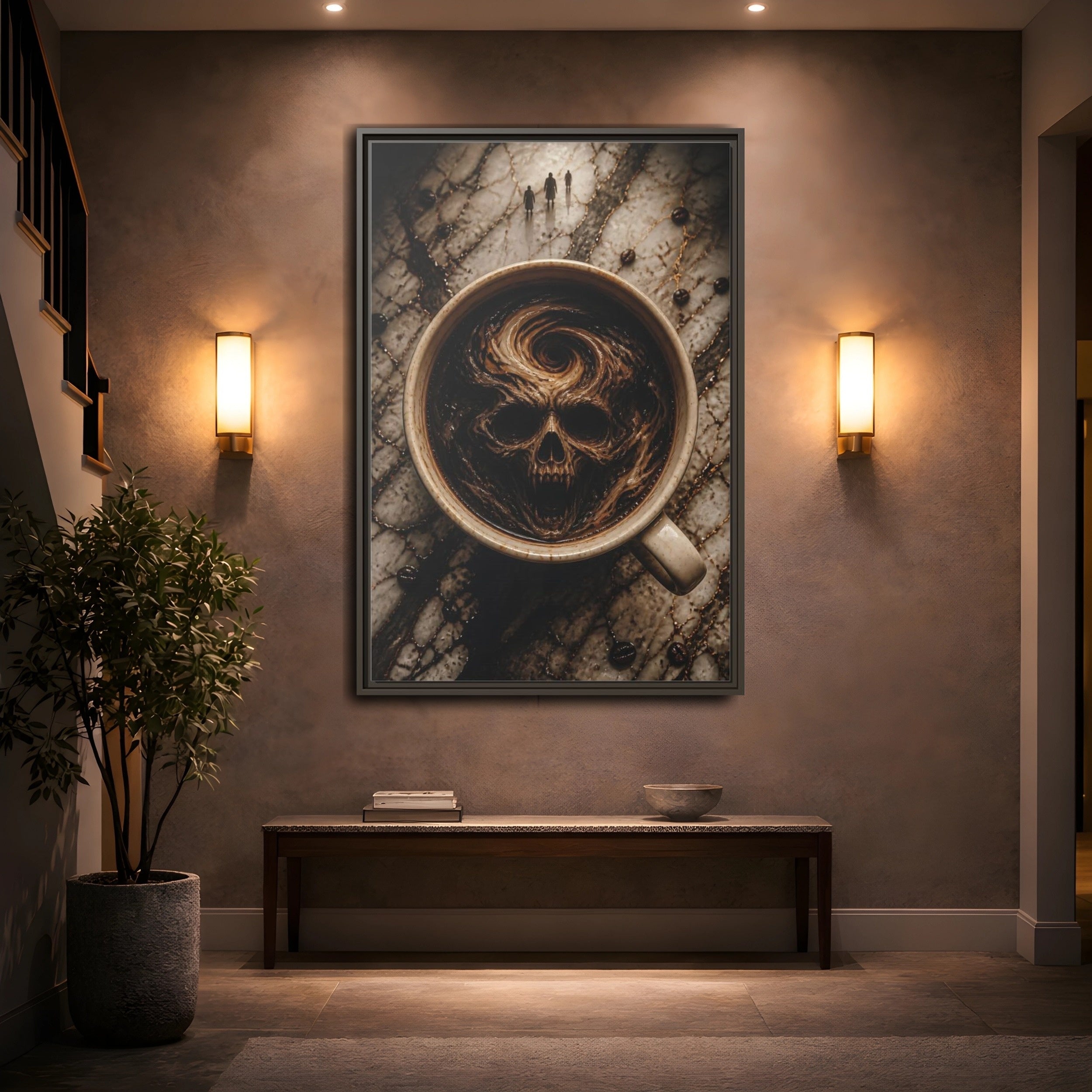 Mockup 2. Horror Demonic Skull Dark Skull Coffee shown as stretched canvas wall art