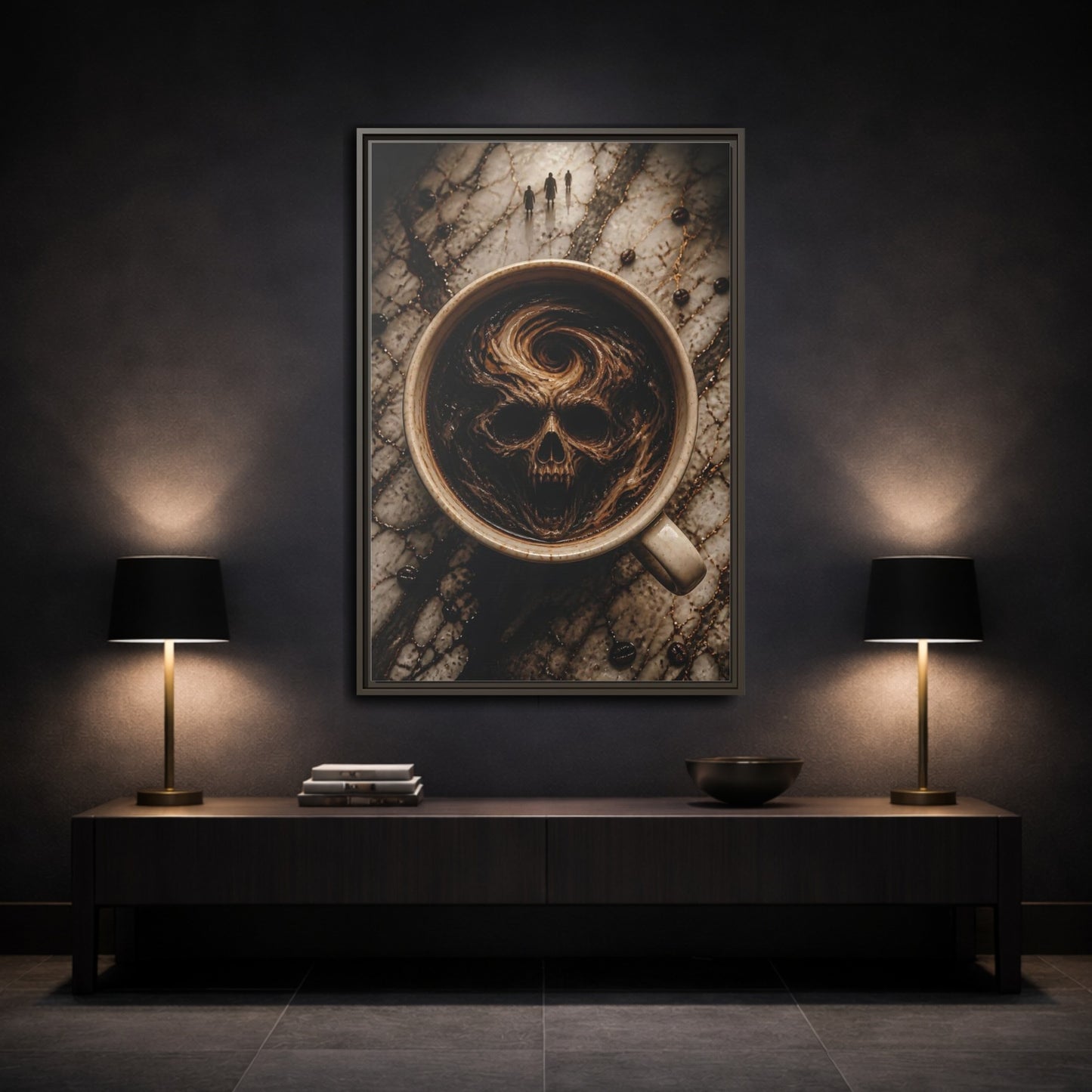Mockup 3. Horror Demonic Skull Dark Skull Coffee shown as stretched canvas wall art